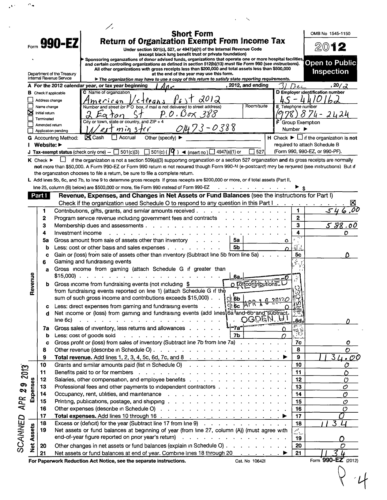 Image of first page of 2012 Form 990EO for Amvets - 2012 Ma