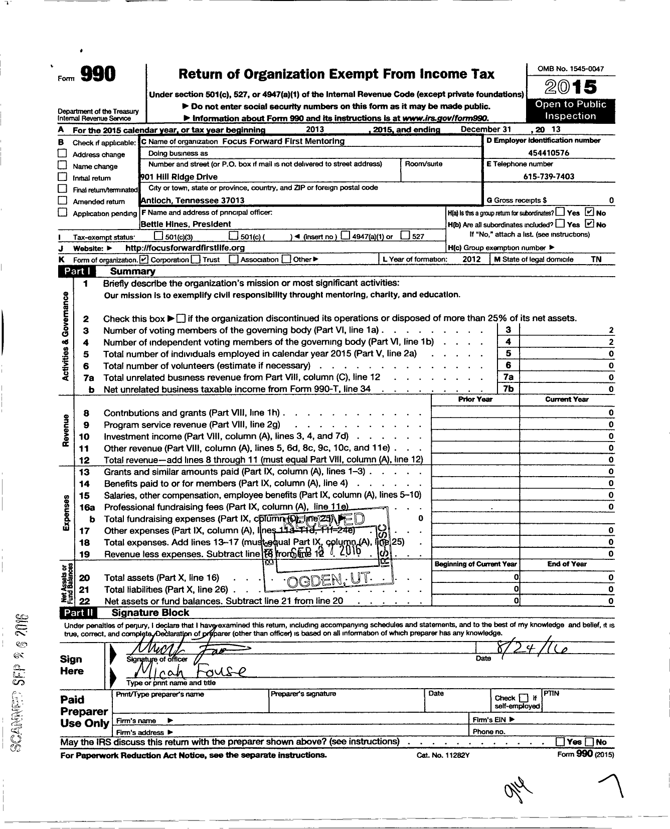 Image of first page of 2013 Form 990O for Focus Forward First Mentoring