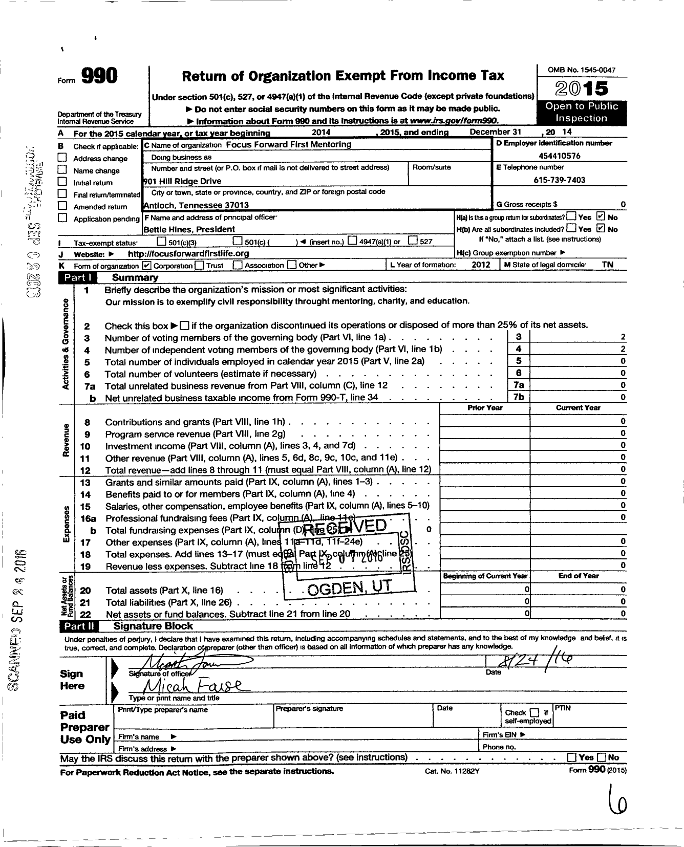 Image of first page of 2014 Form 990O for Focus Forward First Mentoring