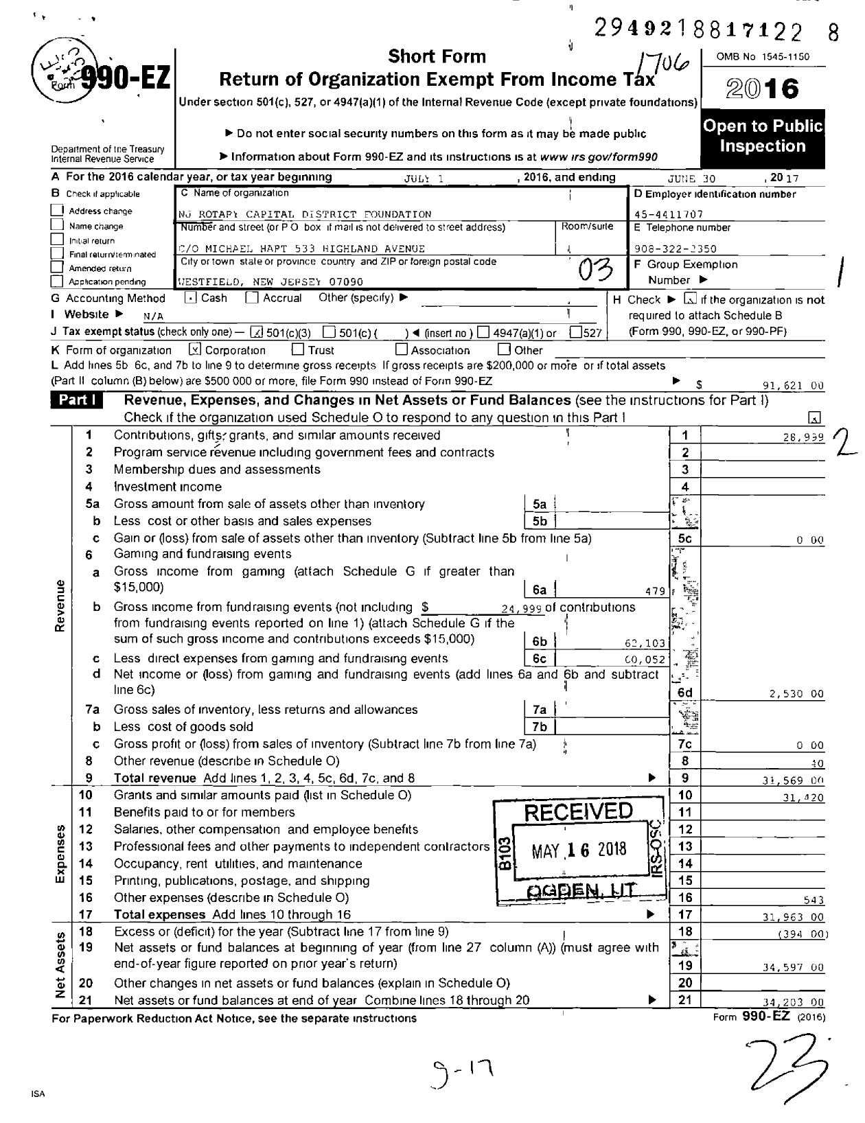 Image of first page of 2016 Form 990EZ for NJ Rotary Capital District Foundation