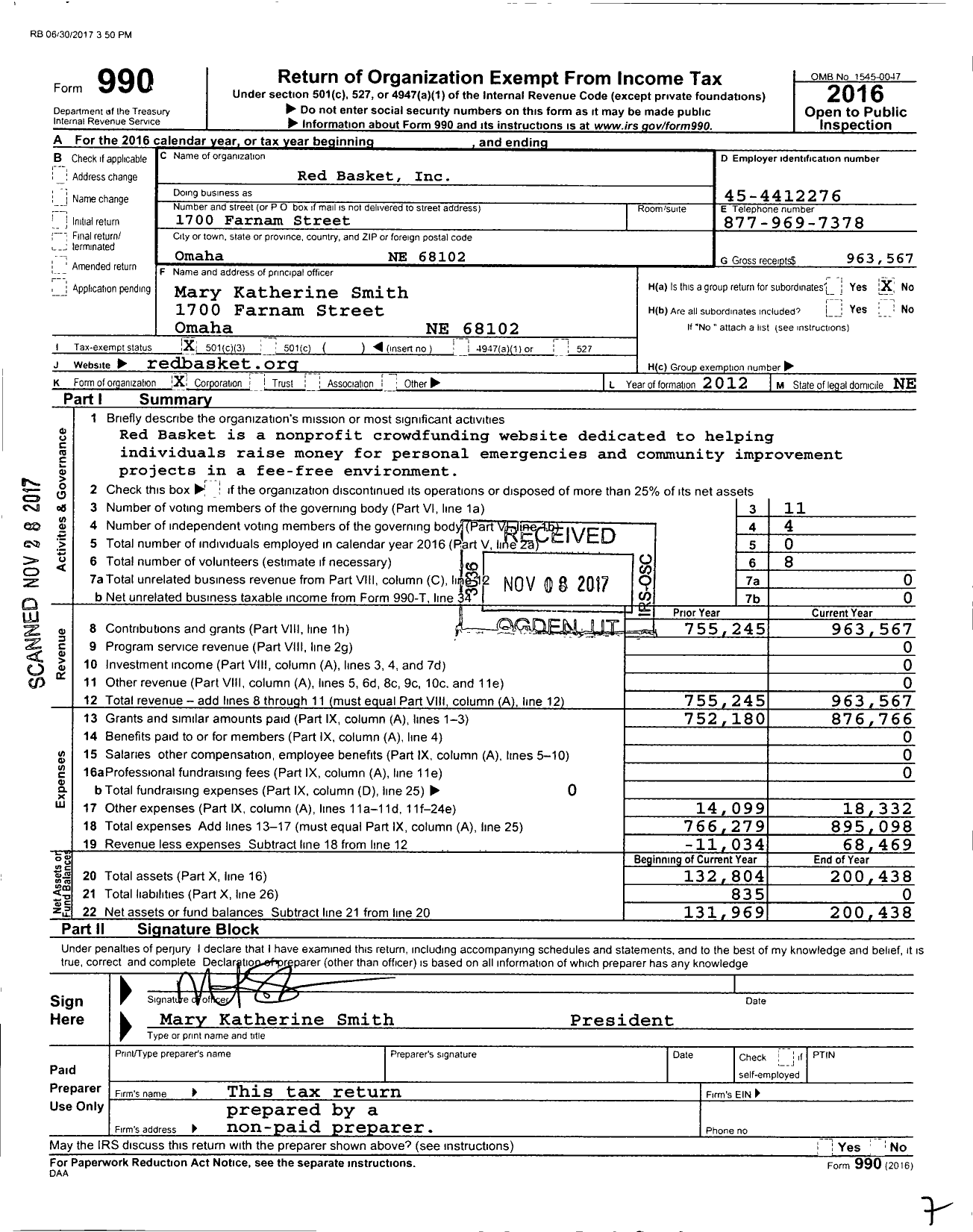 Image of first page of 2016 Form 990 for Red Basket