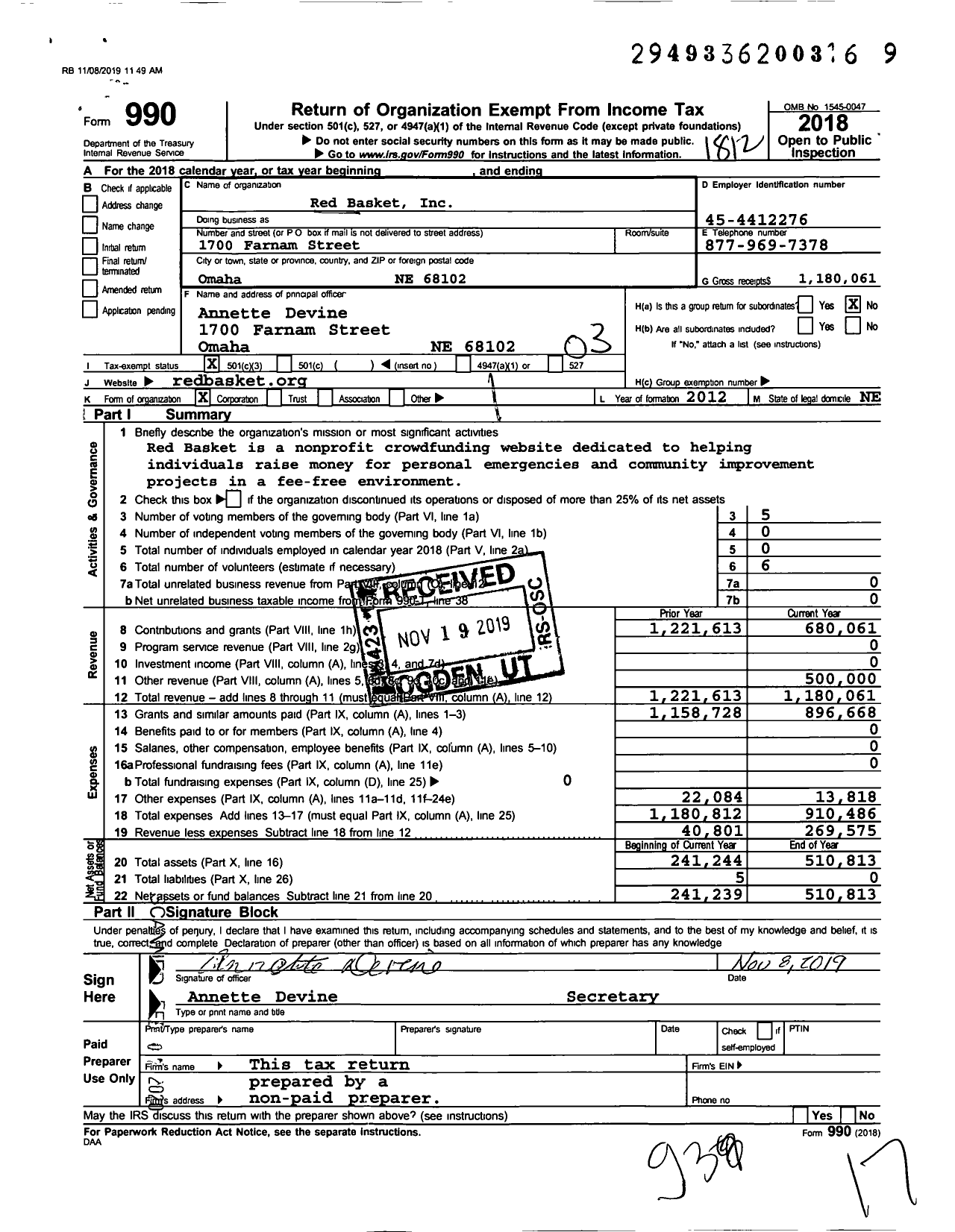 Image of first page of 2018 Form 990 for Red Basket