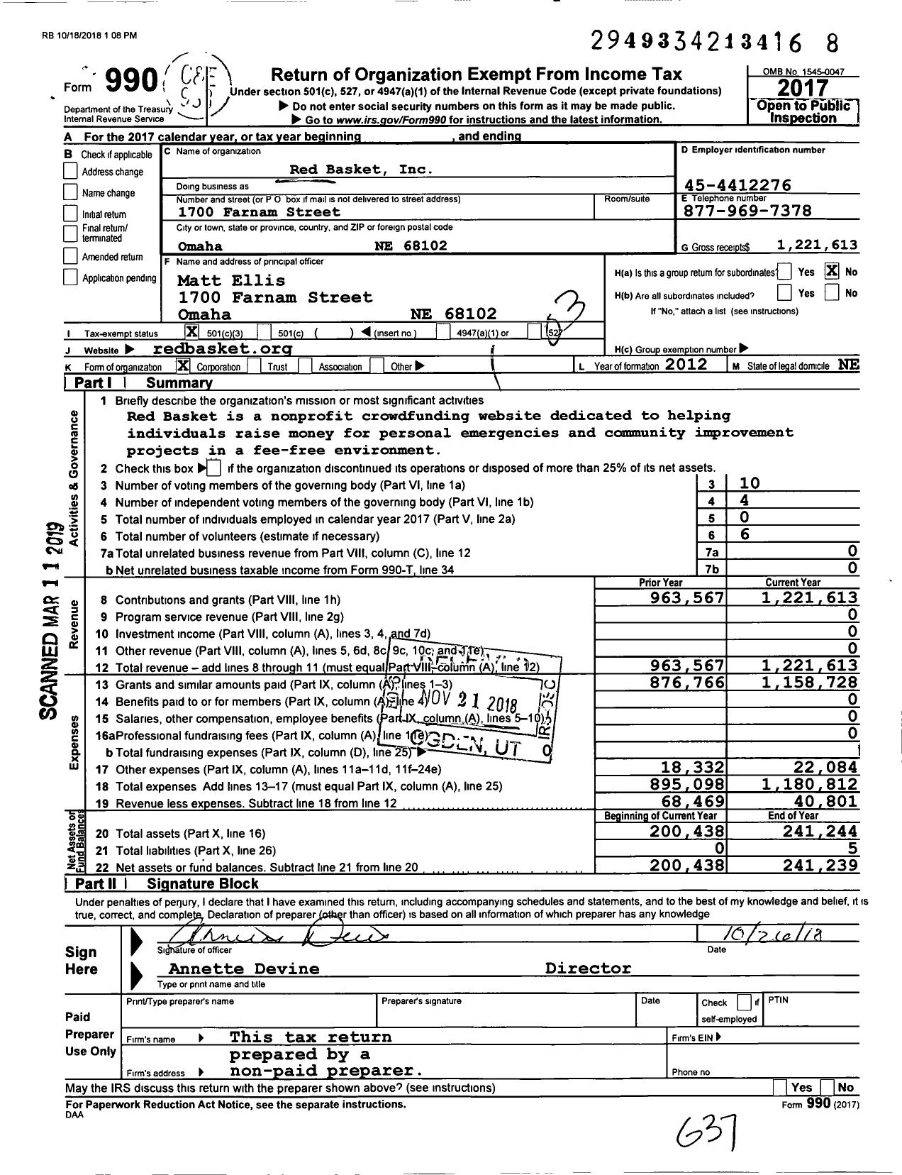 Image of first page of 2017 Form 990 for Red Basket