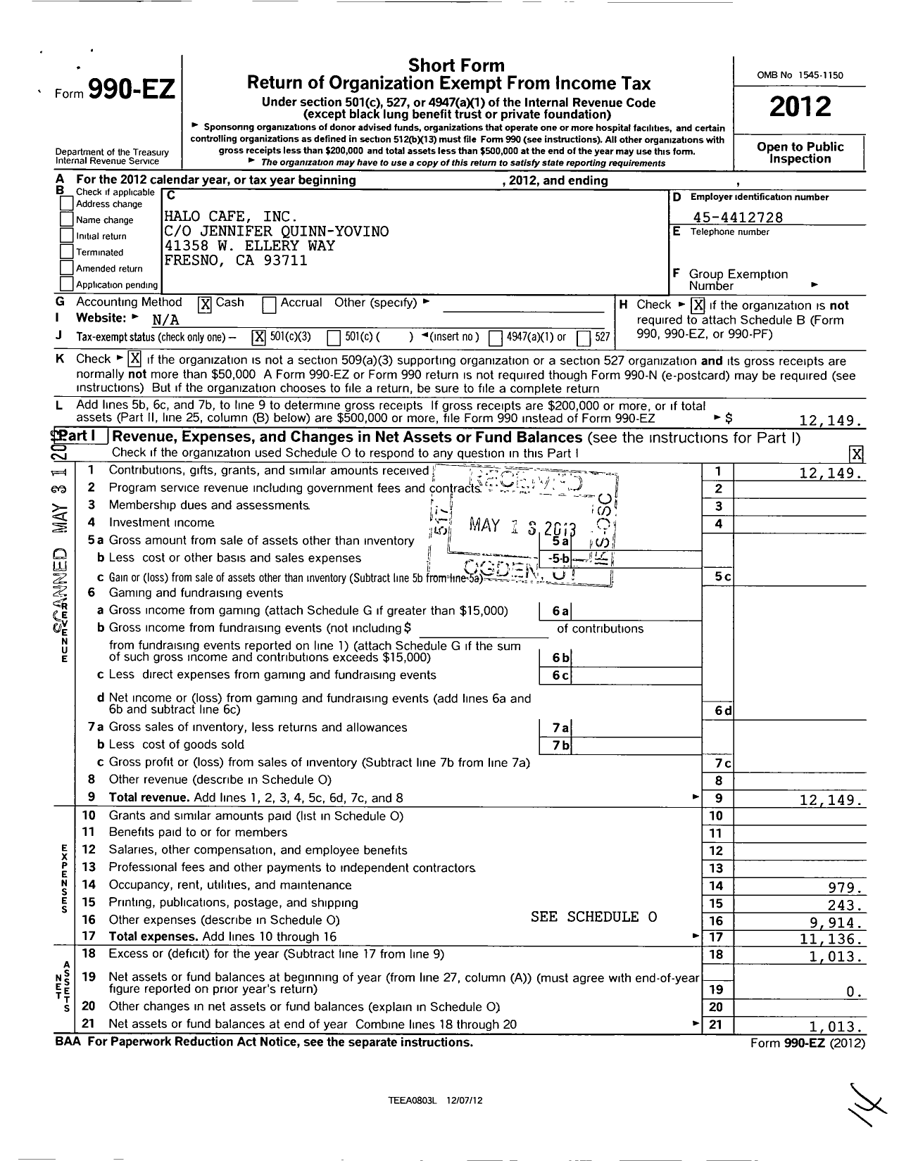 Image of first page of 2012 Form 990EZ for Halo Cafe