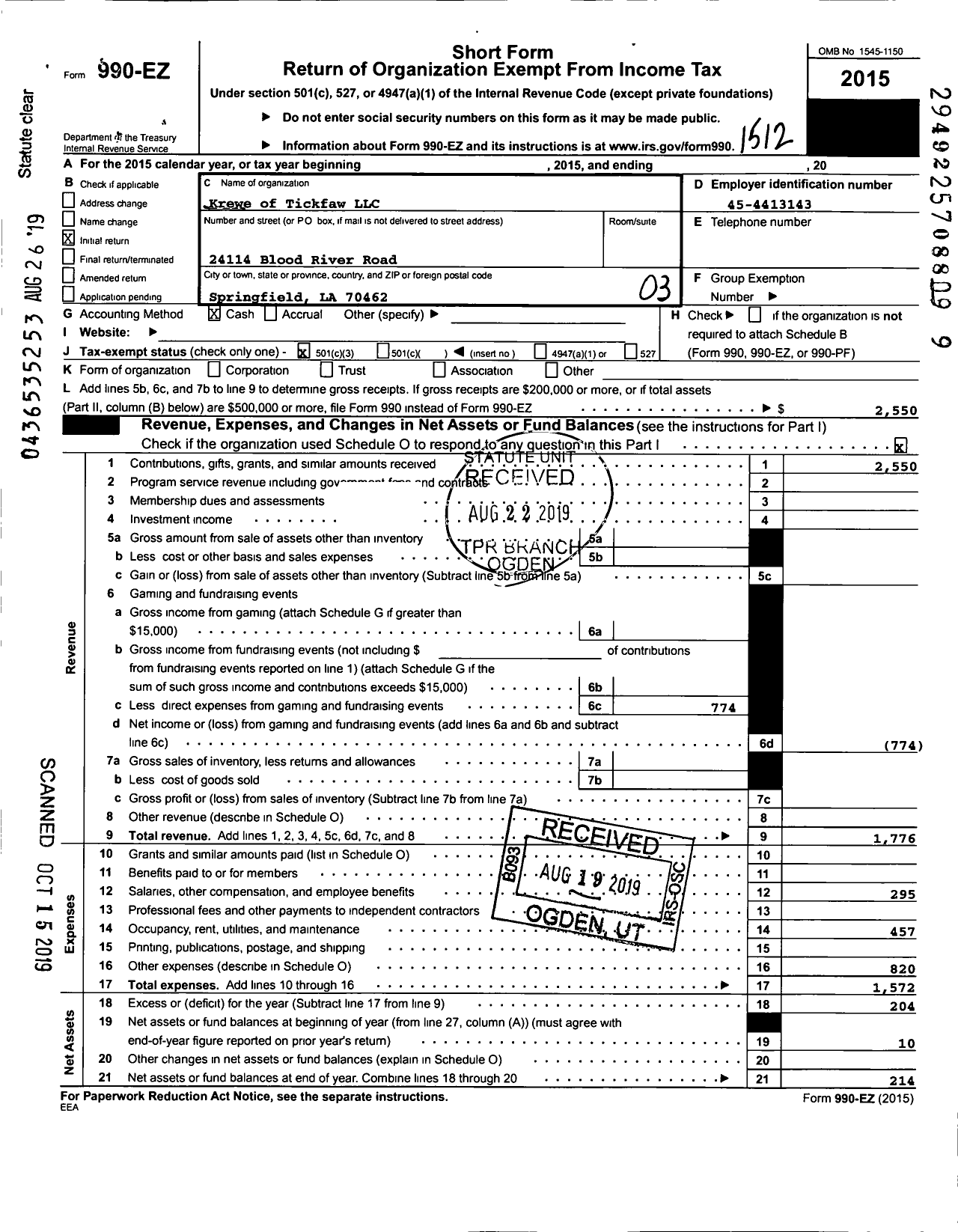 Image of first page of 2015 Form 990EZ for Krewe of Tickfaw LLC