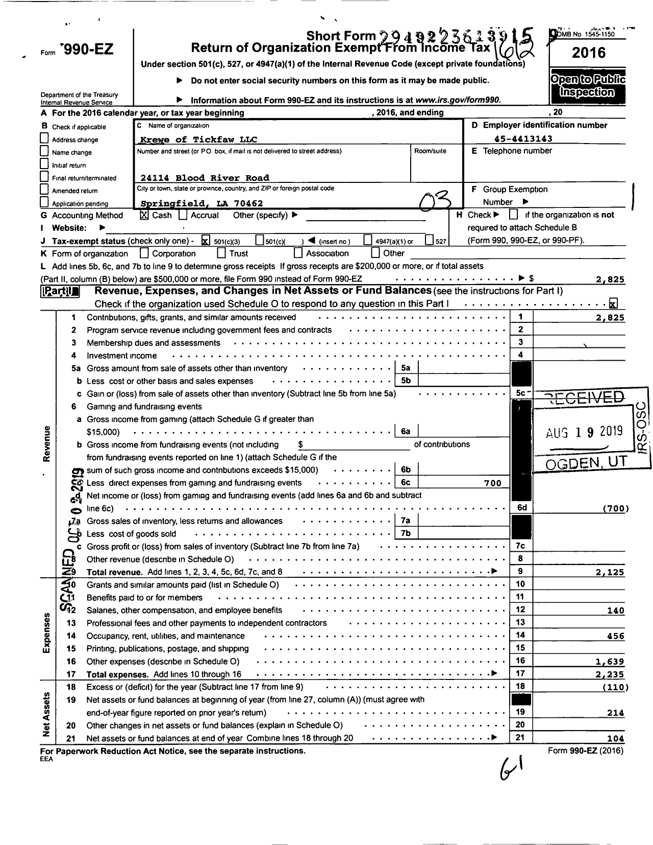 Image of first page of 2016 Form 990EZ for Krewe of Tickfaw LLC