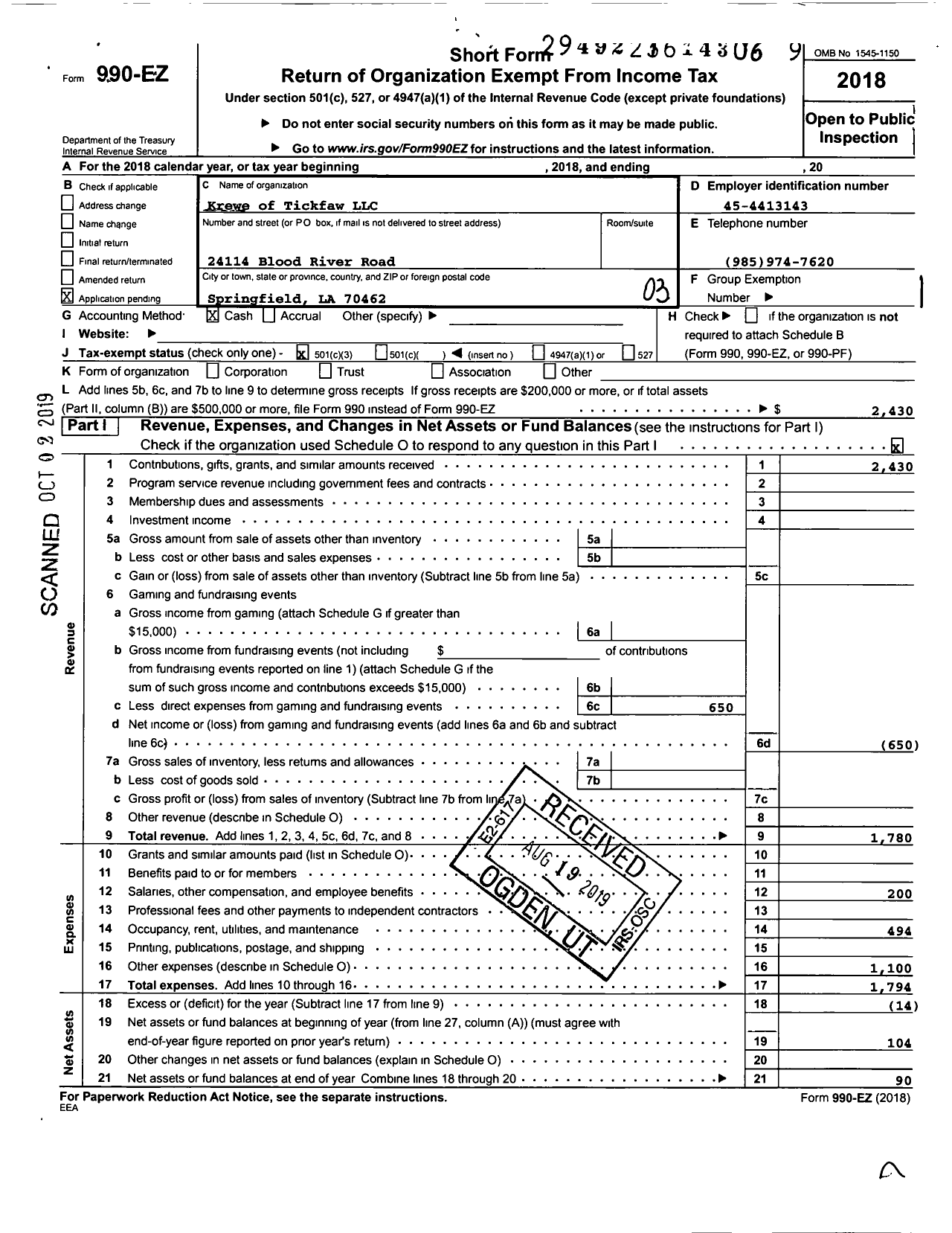 Image of first page of 2018 Form 990EZ for Krewe of Tickfaw LLC