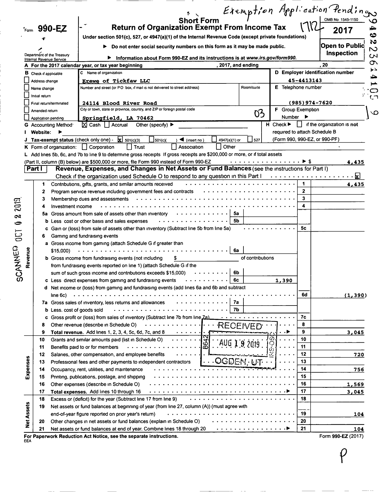 Image of first page of 2017 Form 990EZ for Krewe of Tickfaw LLC