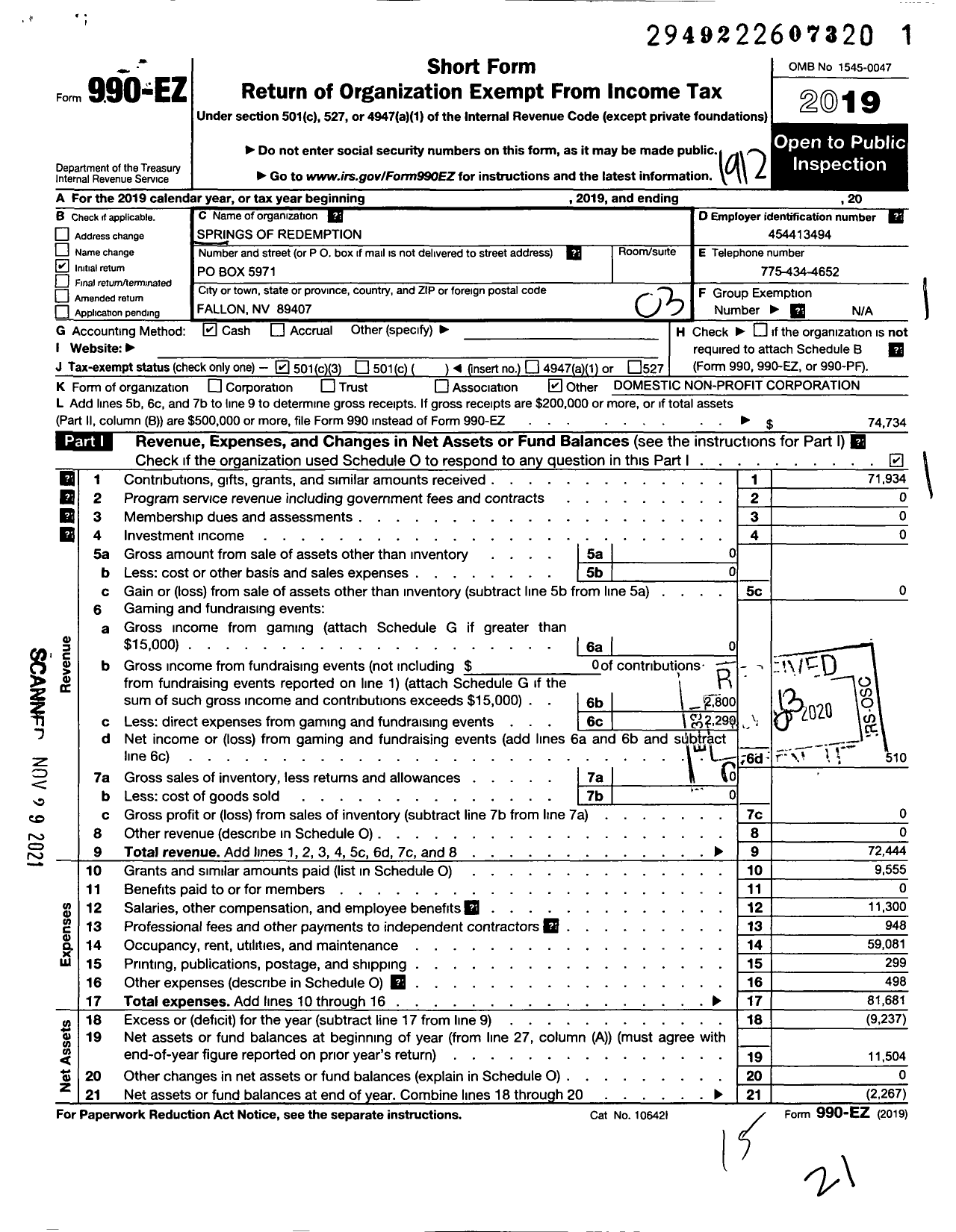 Image of first page of 2019 Form 990EZ for Springs of Redemption