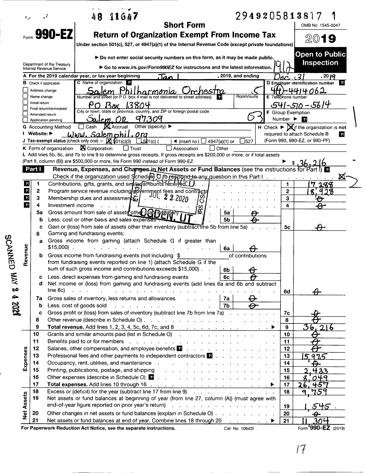 Image of first page of 2019 Form 990EZ for Salem Philharmonia Orchestra