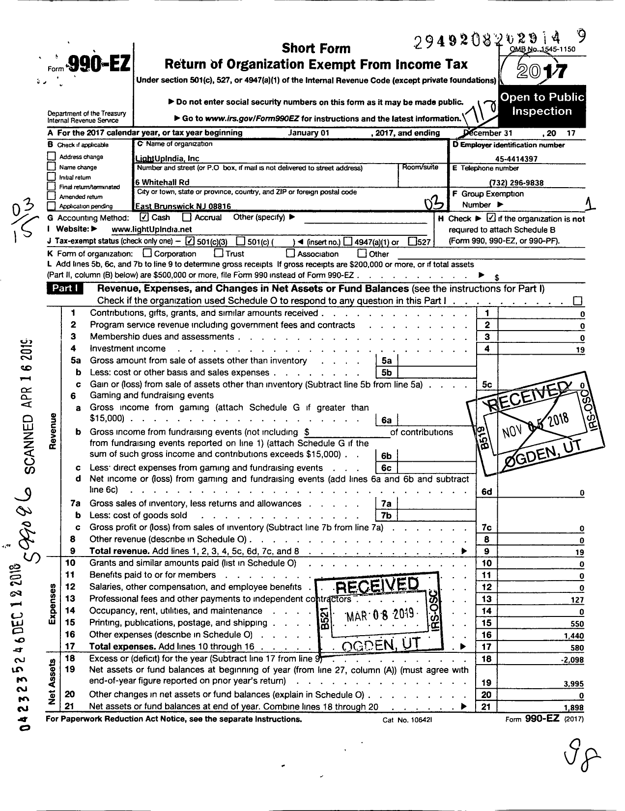 Image of first page of 2017 Form 990EZ for Lightupindia