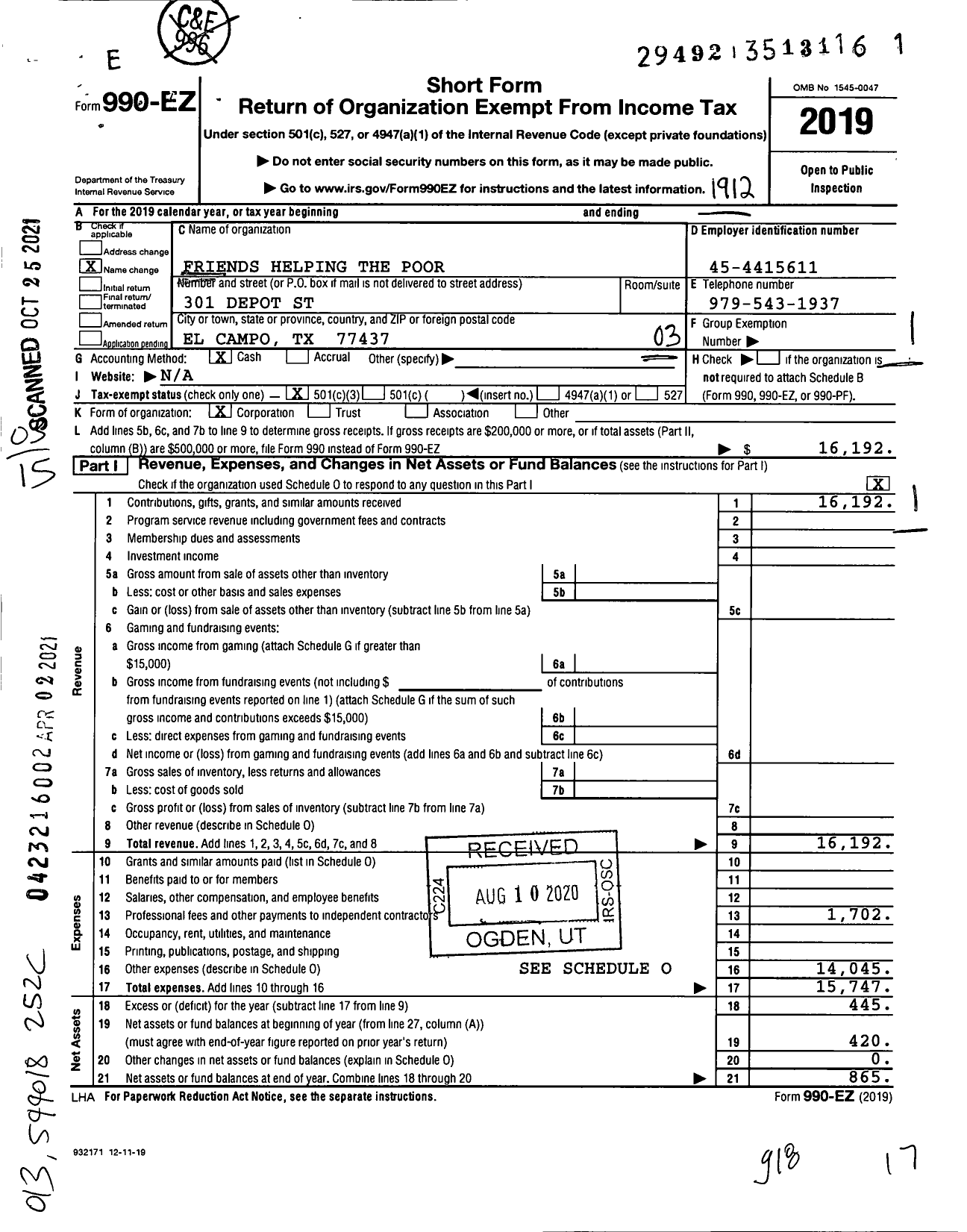 Image of first page of 2019 Form 990EZ for Friends Helping the Poor