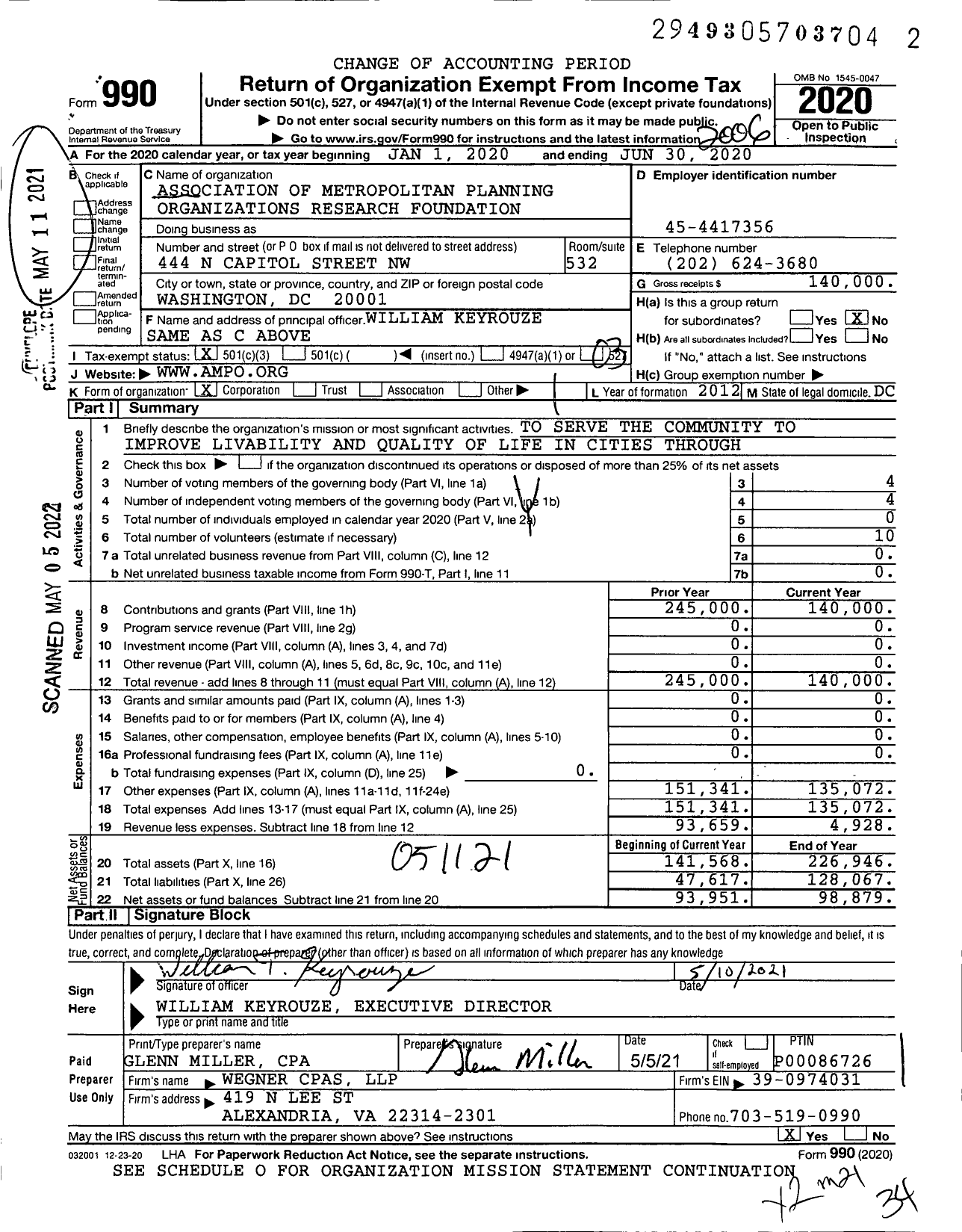 Image of first page of 2019 Form 990 for Association of Metropolitan Planning Organizations Research Foundation