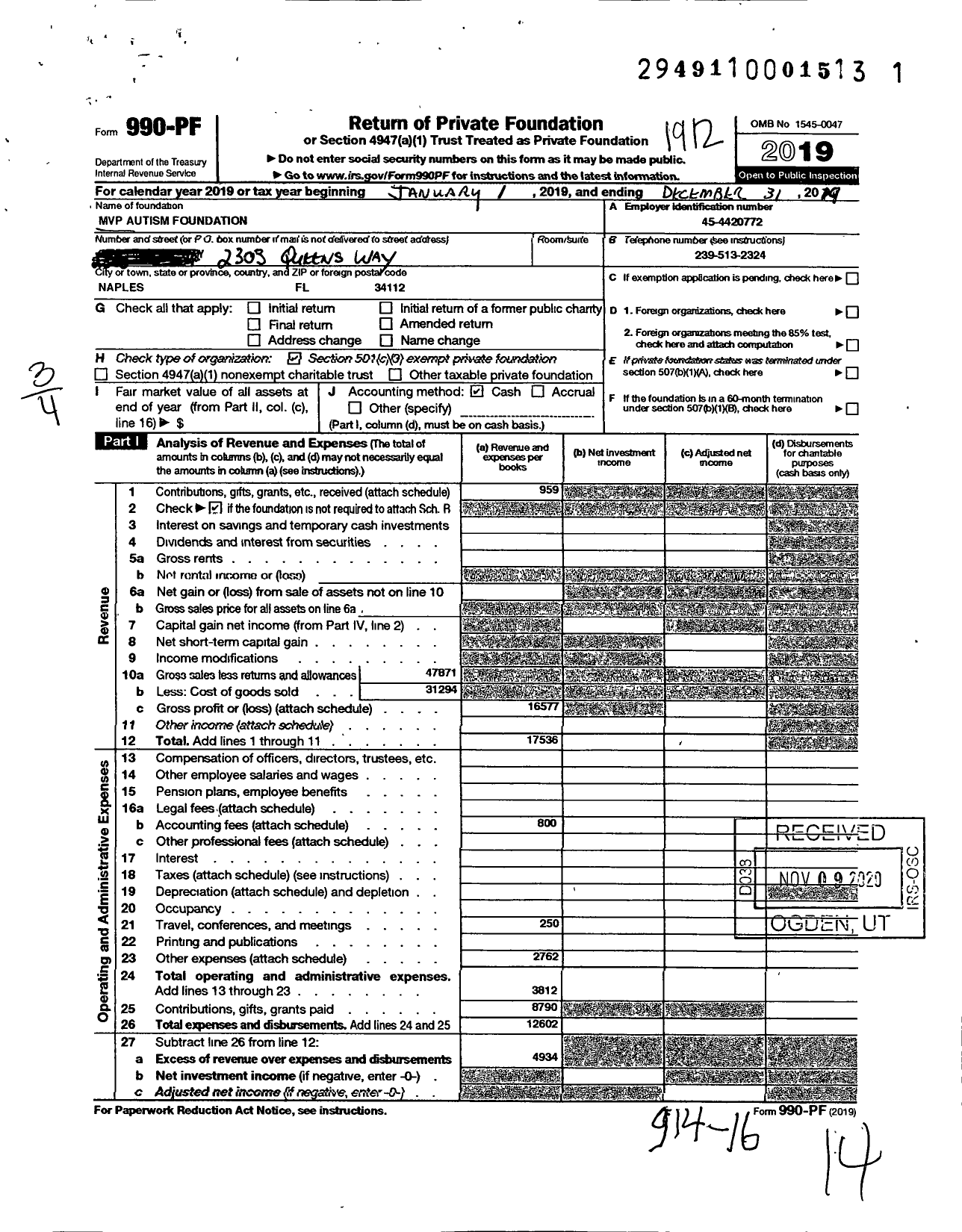 Image of first page of 2019 Form 990PF for MVP Autism Foundation