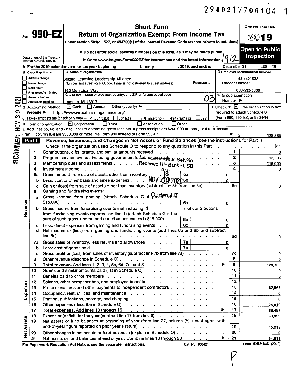 Image of first page of 2019 Form 990EZ for Virtual Learning Leadership Alliance