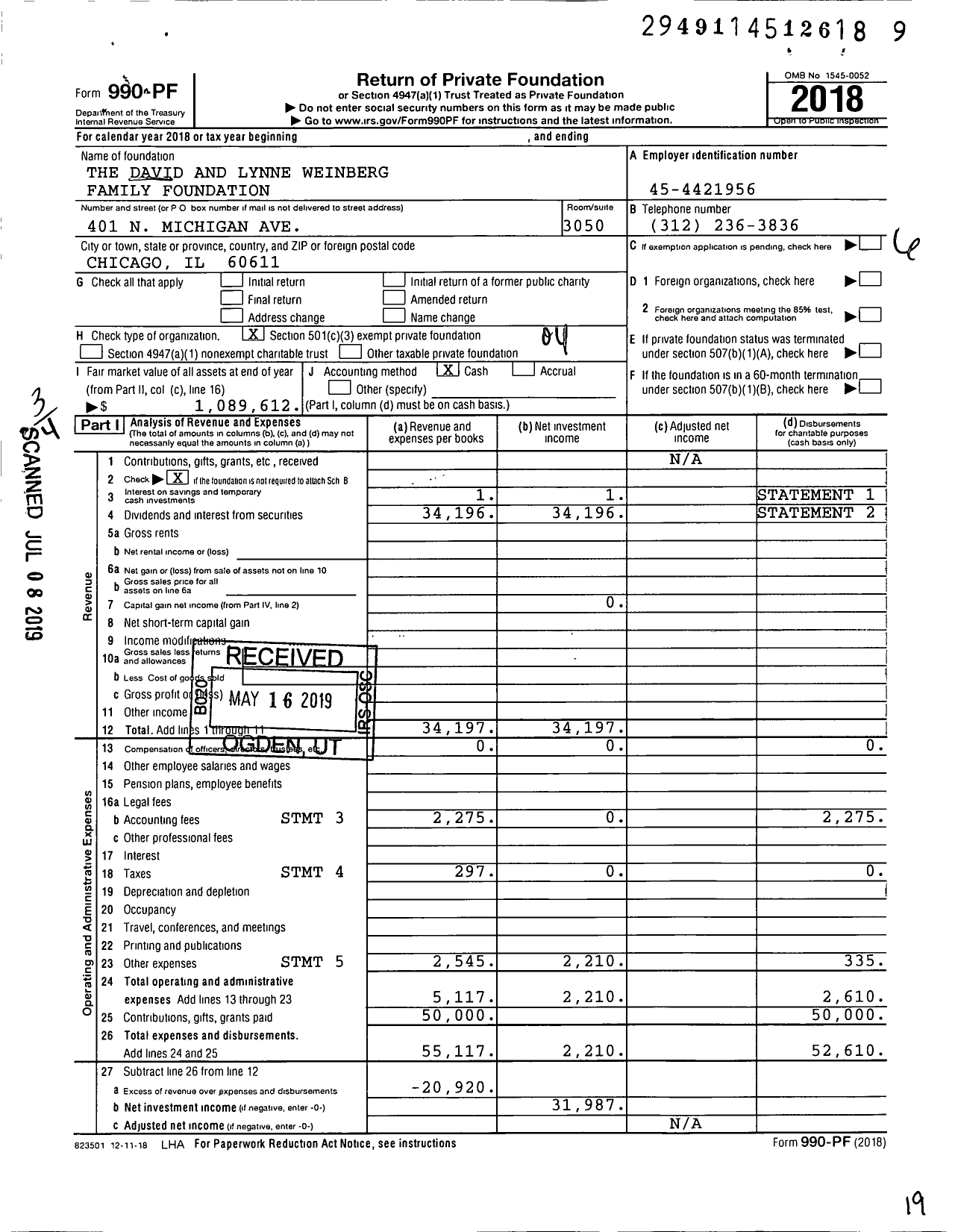 Image of first page of 2018 Form 990PF for The David and Lynne Weinberg Family Foundation