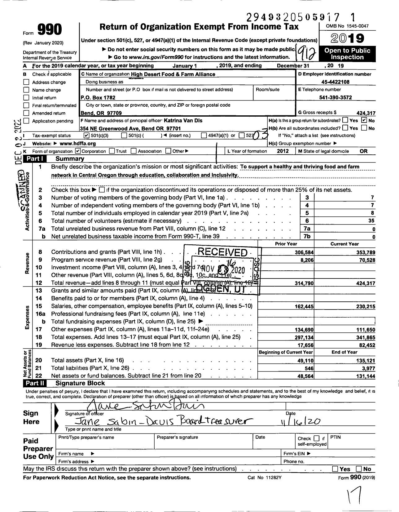 Image of first page of 2019 Form 990 for High Desert Food & Farm Alliance