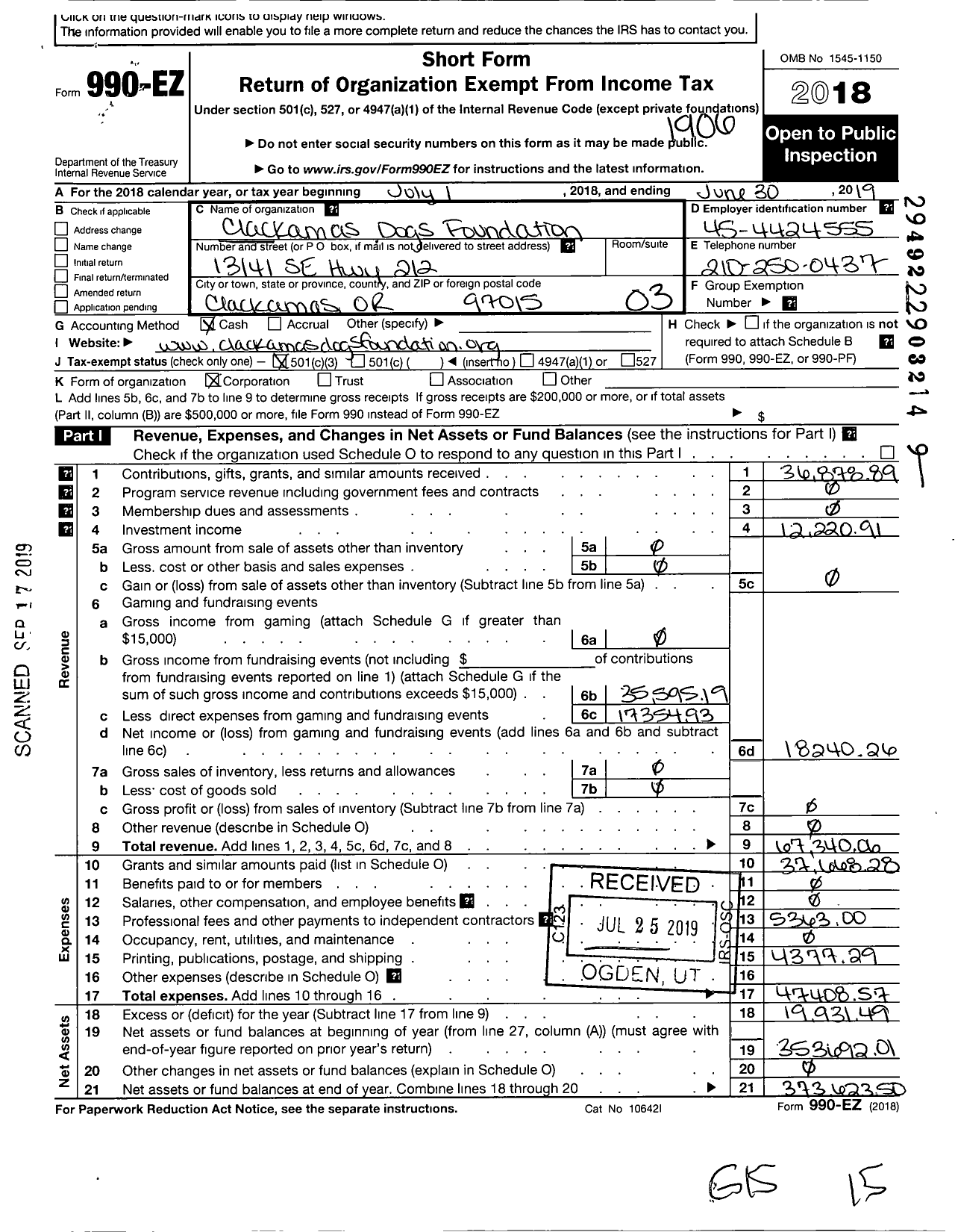 Image of first page of 2018 Form 990EZ for Clackamas Dogs Foundation