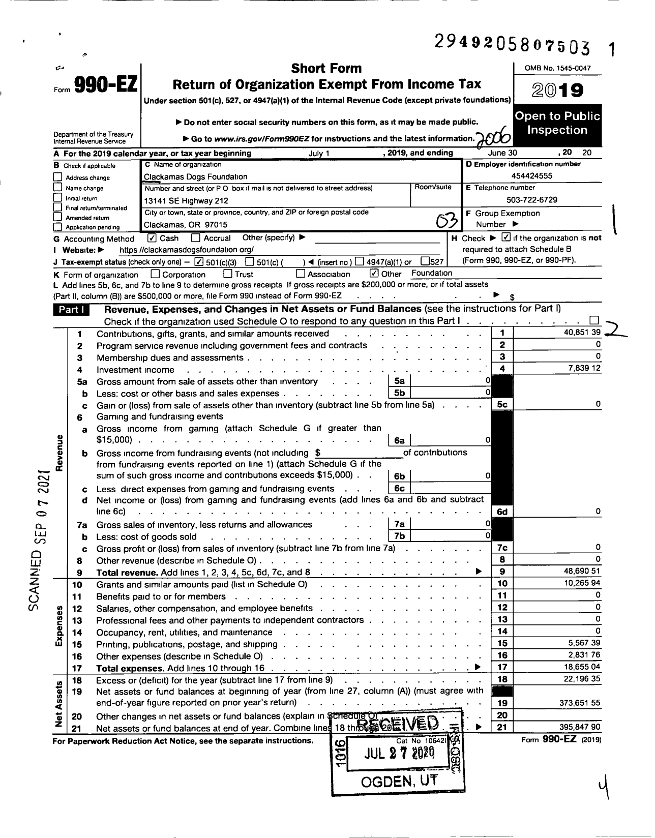 Image of first page of 2019 Form 990EZ for Clackamas Dogs Foundation