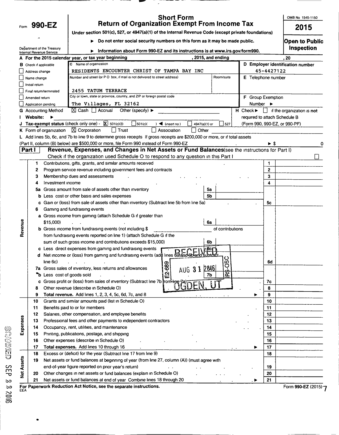 Image of first page of 2015 Form 990EZ for Residents Encounter Christ of Tampa Bay Area