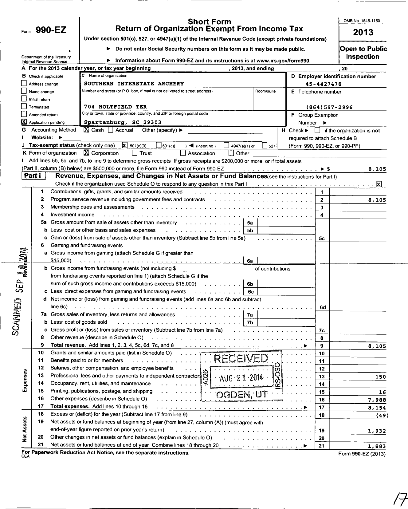 Image of first page of 2013 Form 990EZ for Southern Interstate Archery Development (SIAD)