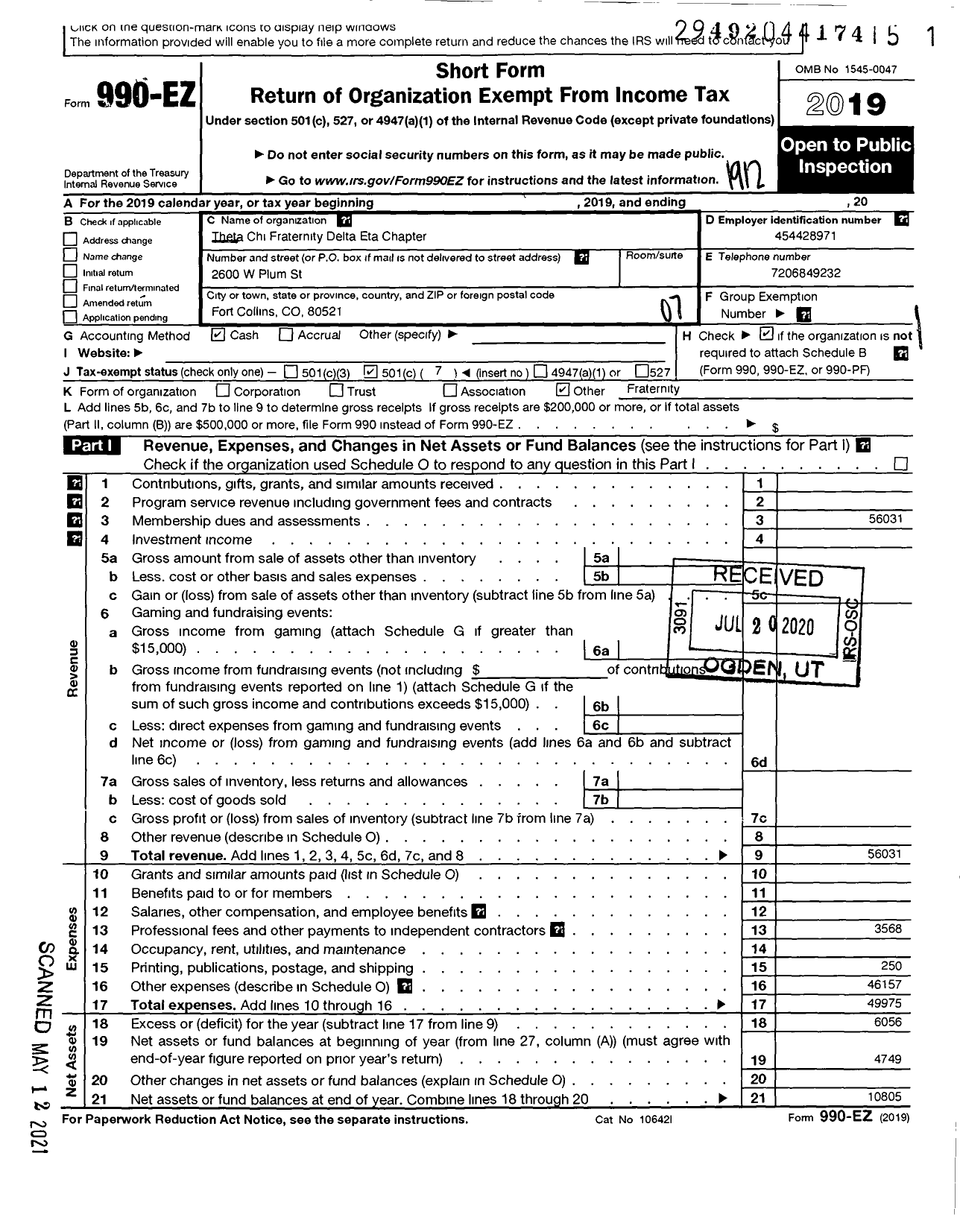 Image of first page of 2019 Form 990EO for Theta Chi Fraternity / Northern Colorado