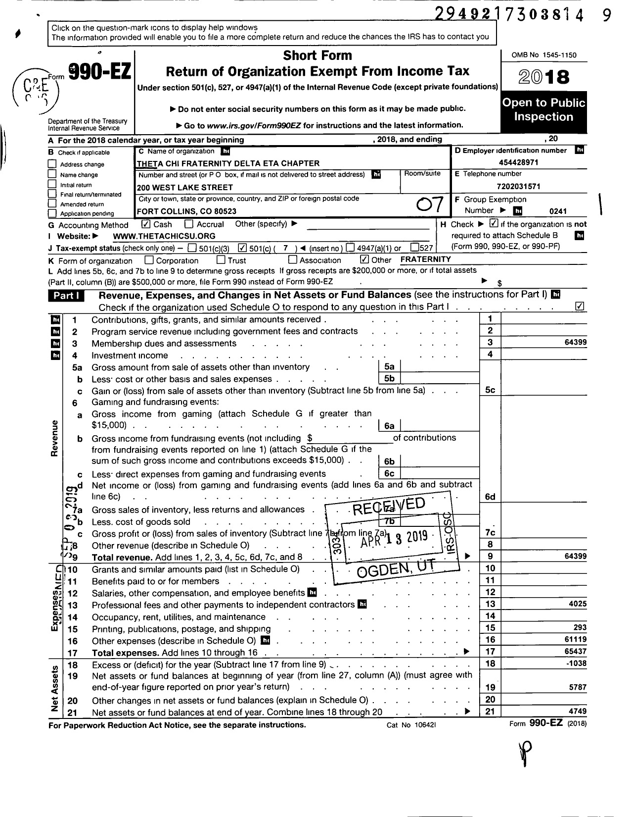 Image of first page of 2018 Form 990EO for Theta Chi Fraternity / Northern Colorado