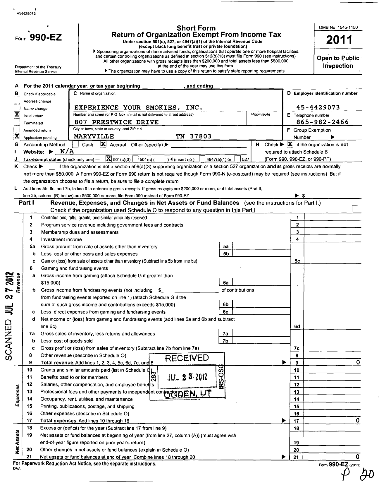 Image of first page of 2011 Form 990EZ for Experience Your Smokies TN