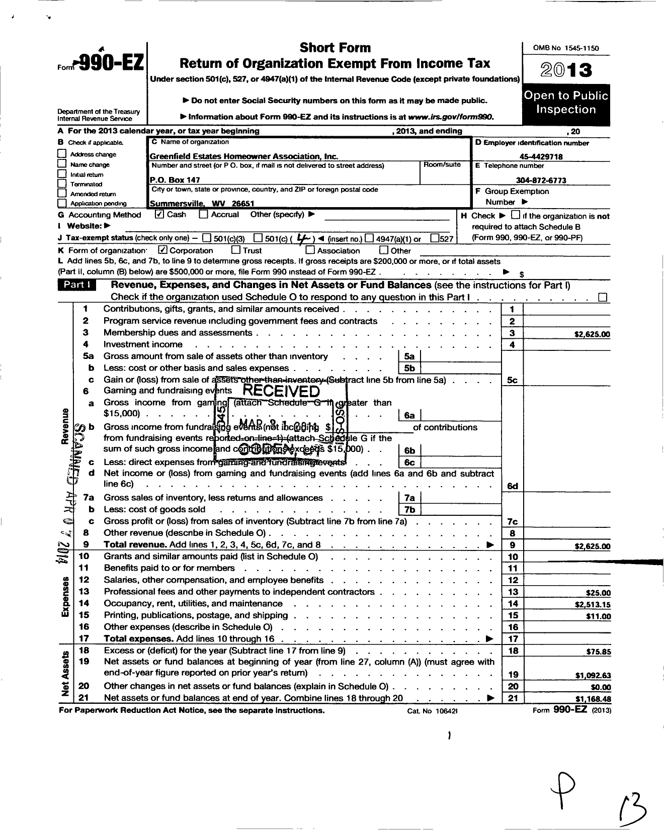 Image of first page of 2013 Form 990EO for Greenfield Estates Homeowners Association