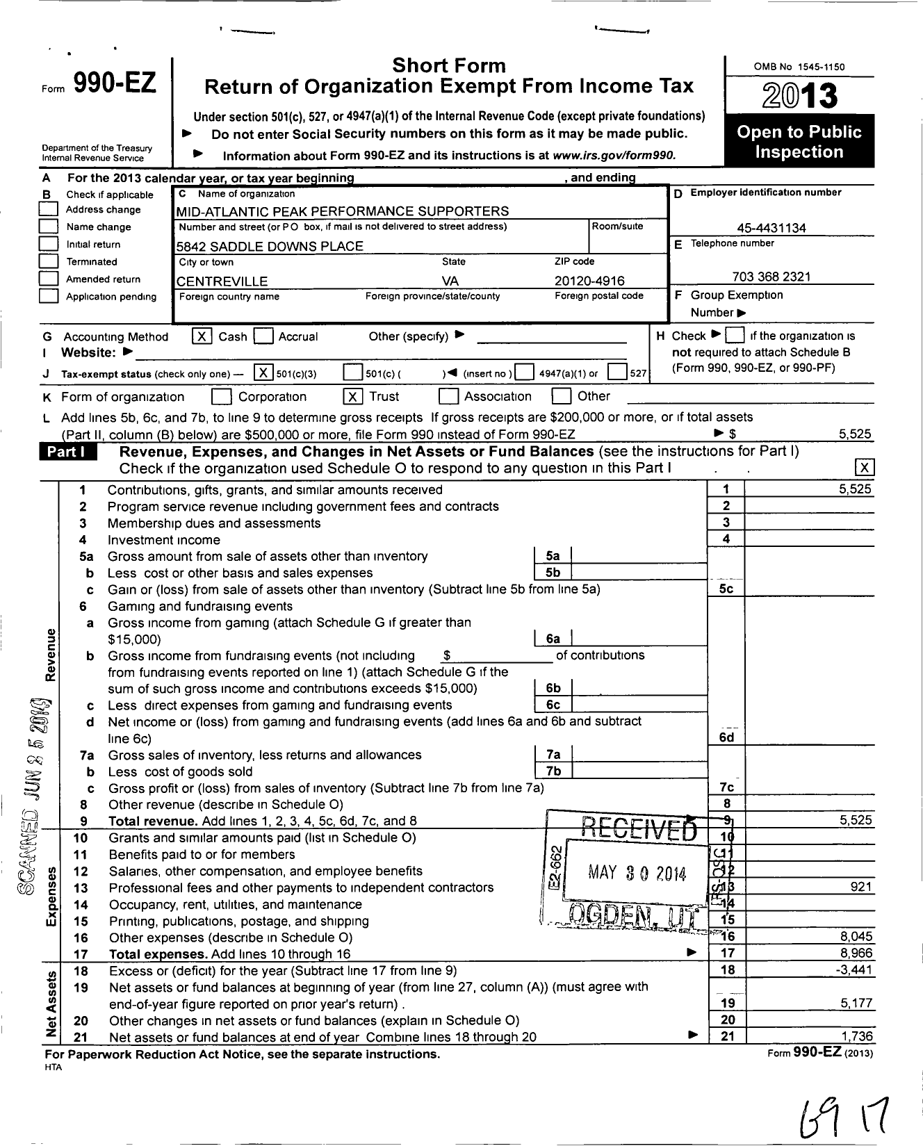 Image of first page of 2013 Form 990EZ for Mid-Atlantic Peak Performance Supporters