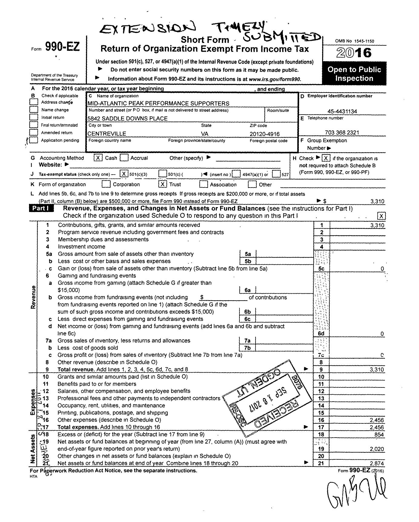 Image of first page of 2016 Form 990EZ for Mid-Atlantic Peak Performance Supporters