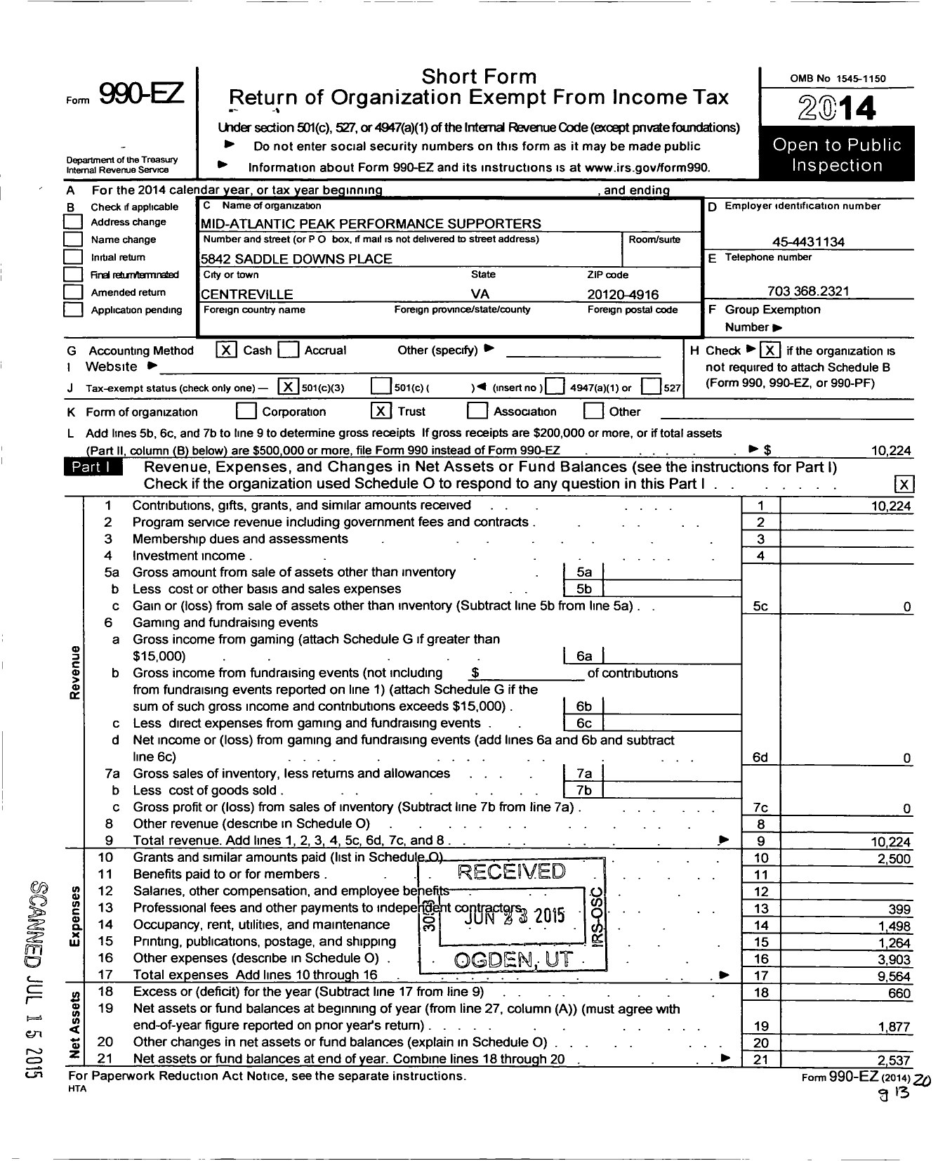 Image of first page of 2014 Form 990EZ for Mid-Atlantic Peak Performance Supporters