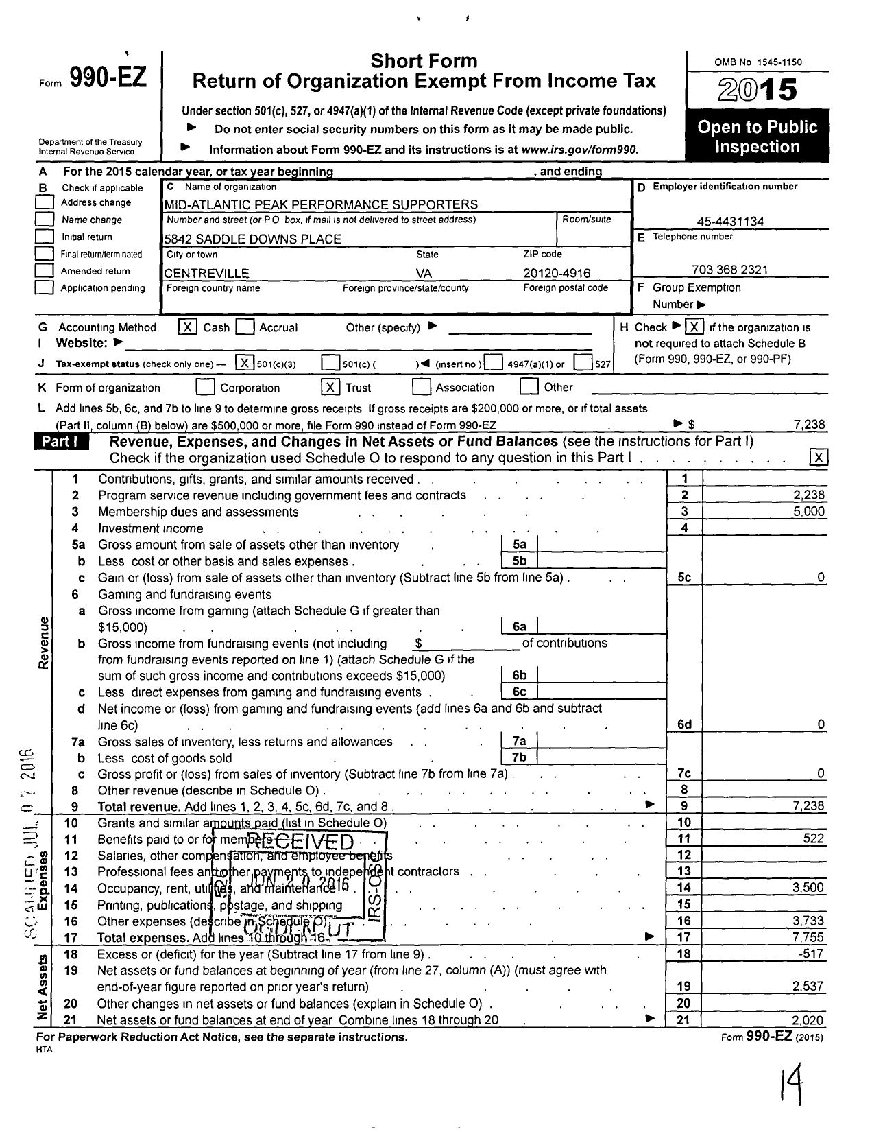 Image of first page of 2015 Form 990EZ for Mid-Atlantic Peak Performance Supporters