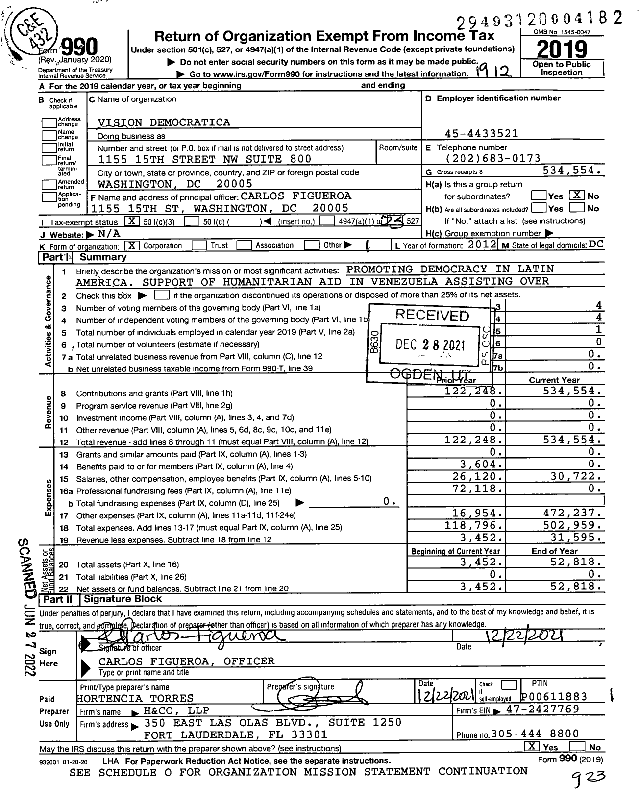 Image of first page of 2019 Form 990 for Vision Democratica