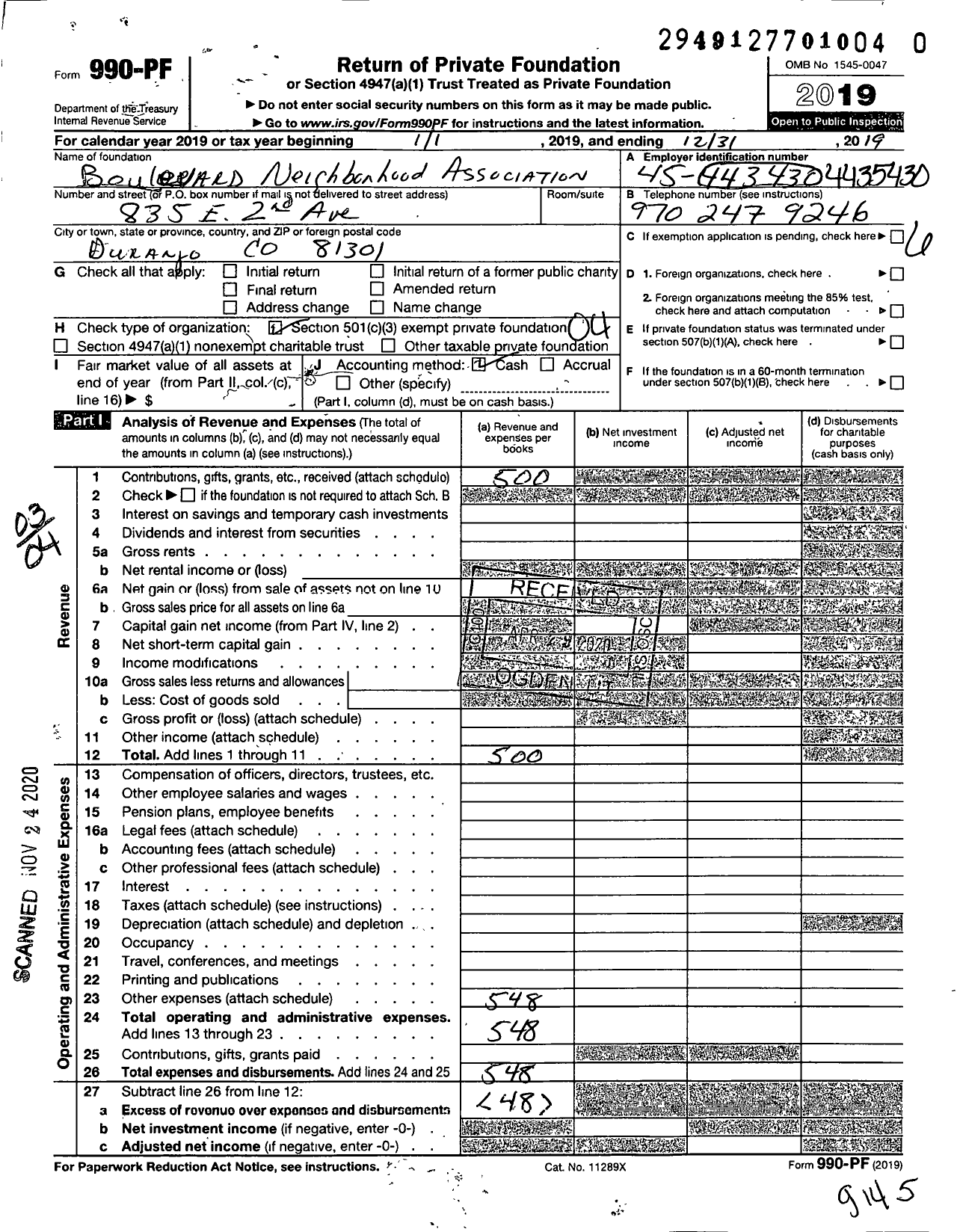 Image of first page of 2019 Form 990PF for Boulevard Neighborhood Association