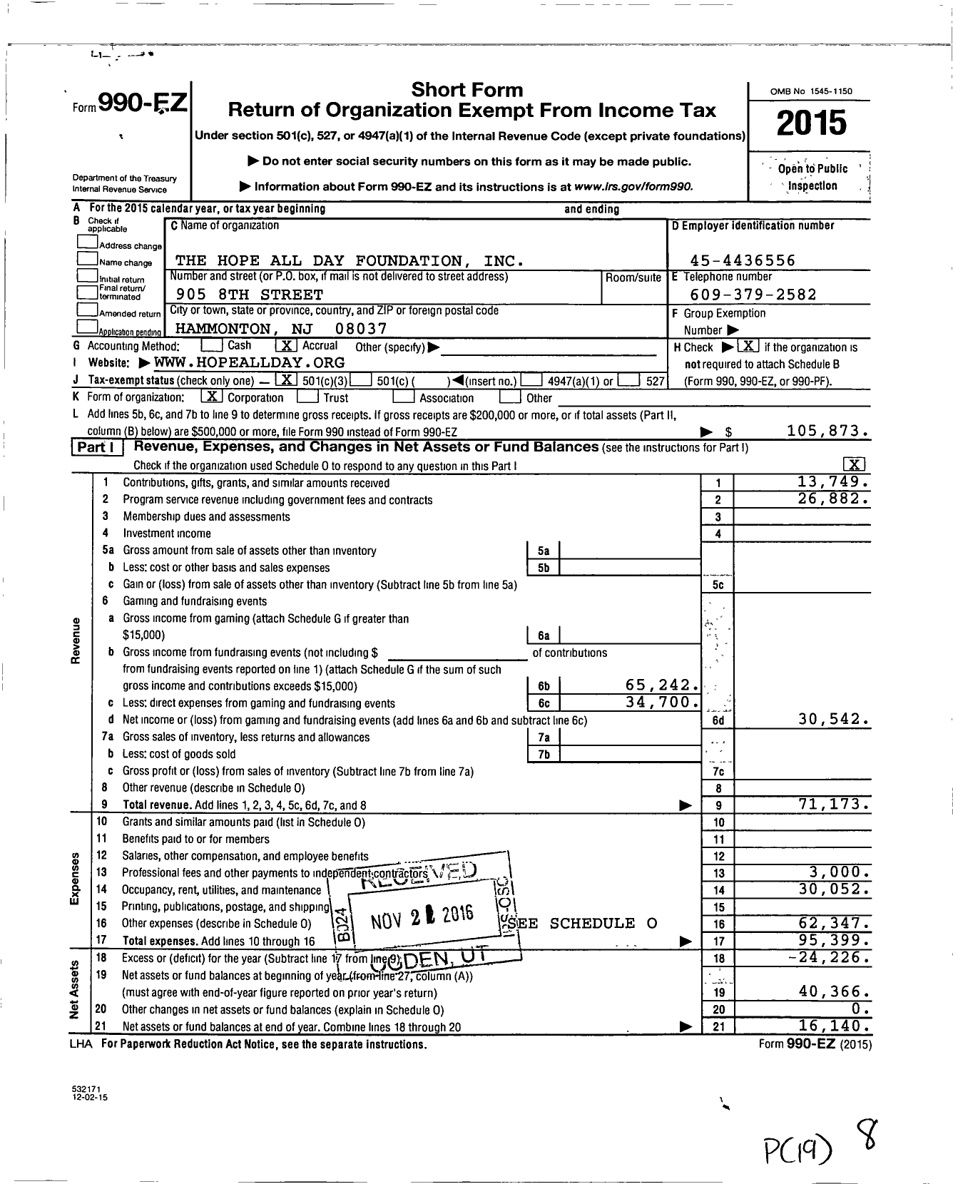 Image of first page of 2015 Form 990EZ for The Hope All Day Foundation