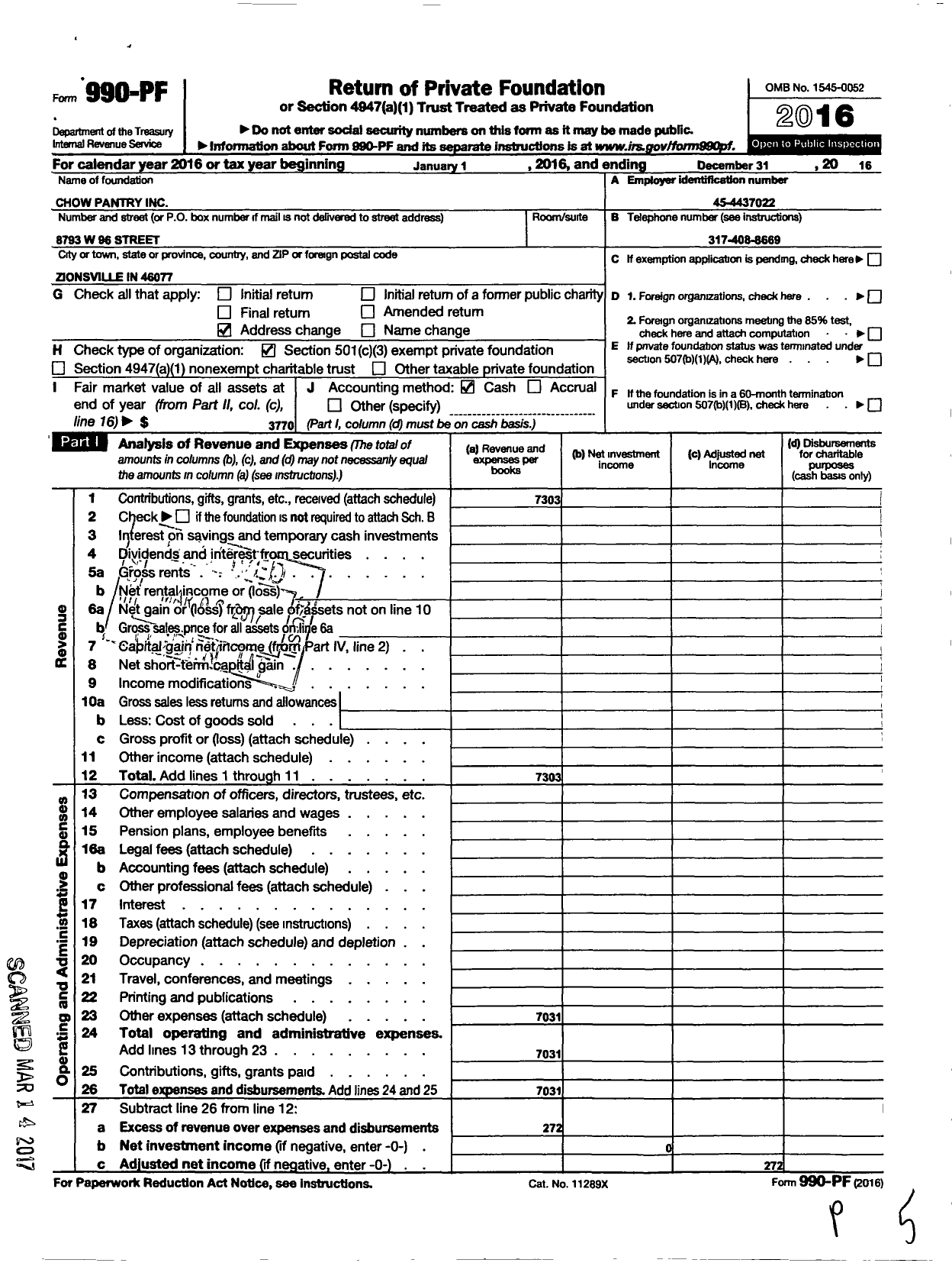 Image of first page of 2016 Form 990PF for Chow Pantry