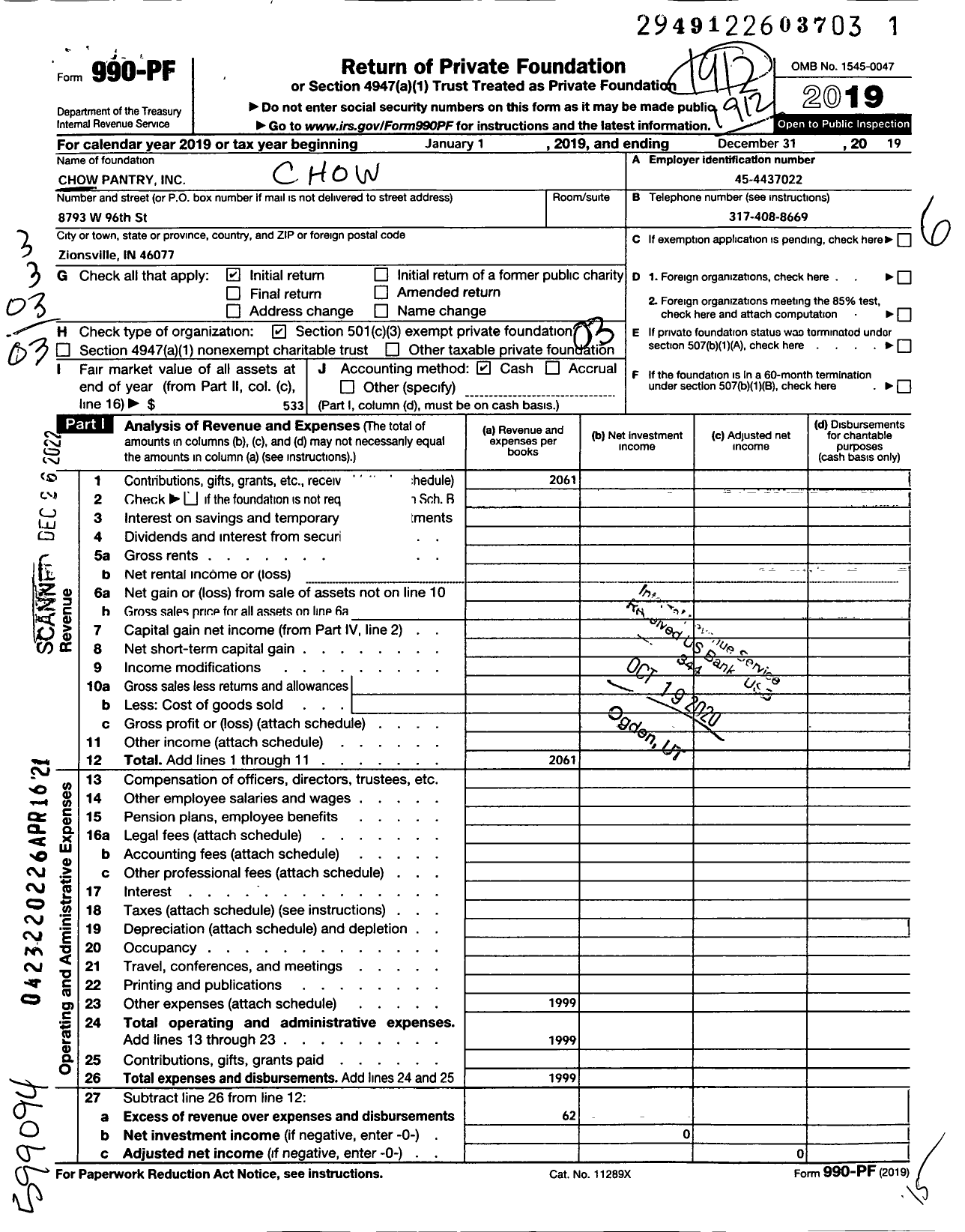 Image of first page of 2019 Form 990PF for Chow Pantry