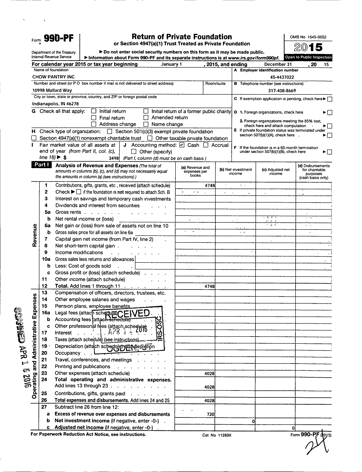 Image of first page of 2015 Form 990PF for Chow Pantry