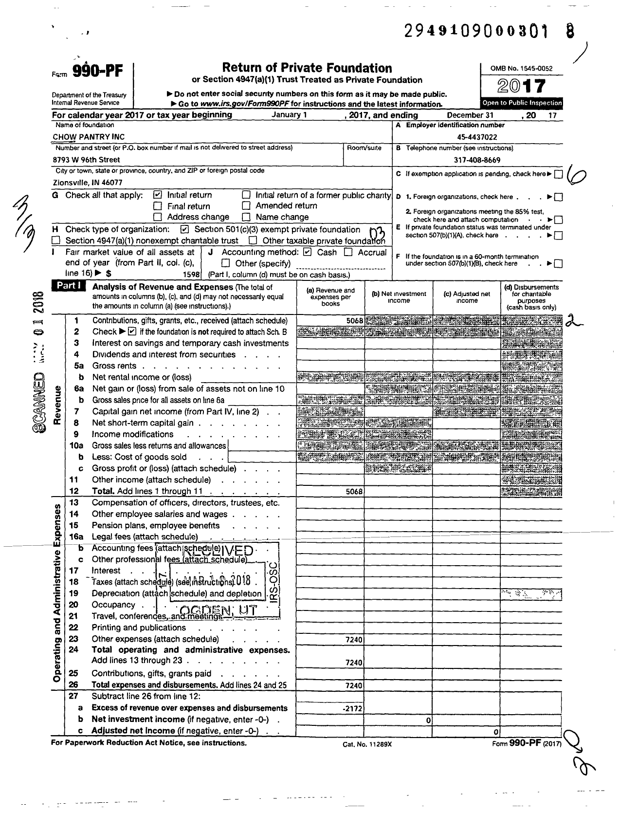 Image of first page of 2017 Form 990PF for Chow Pantry