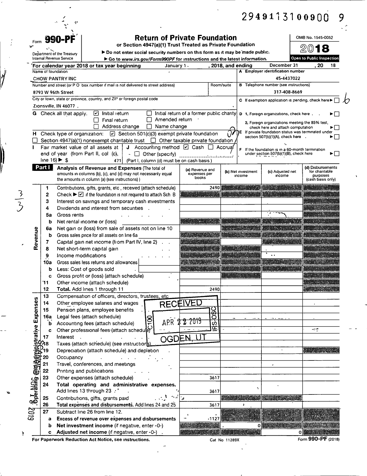 Image of first page of 2018 Form 990PF for Chow Pantry