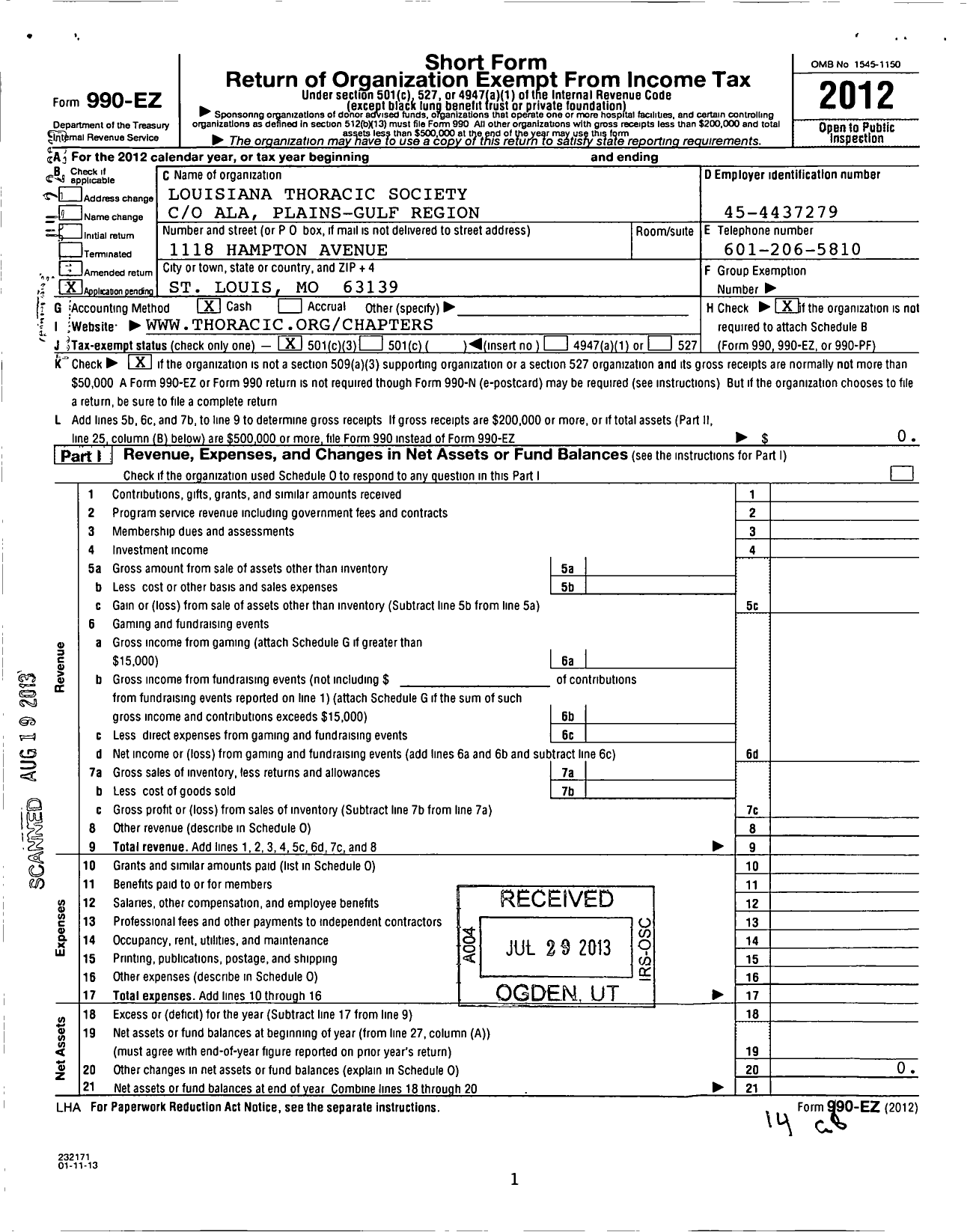 Image of first page of 2012 Form 990EZ for Louisiana Thoracic Society