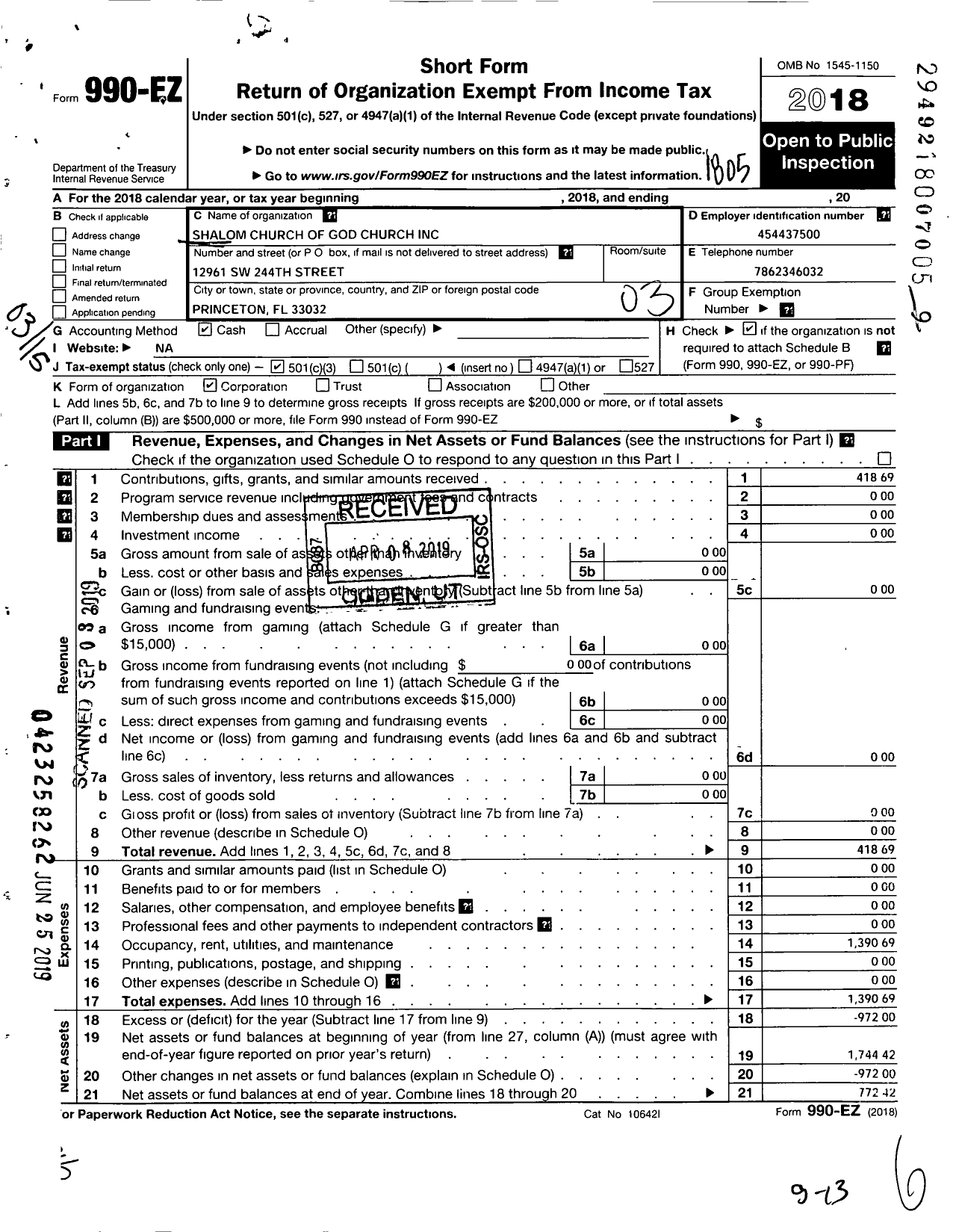 Image of first page of 2017 Form 990EZ for Shalom Church of God Church