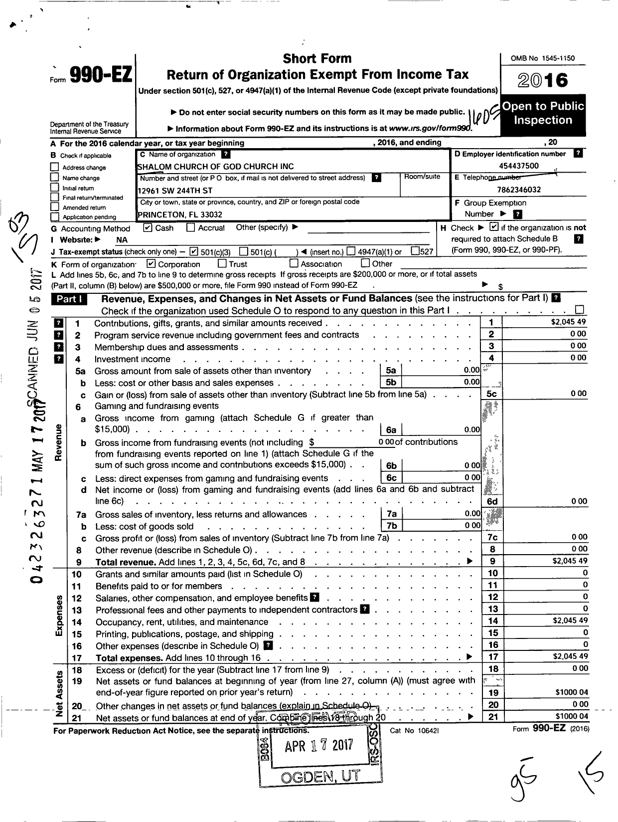 Image of first page of 2015 Form 990EZ for Shalom Church of God Church