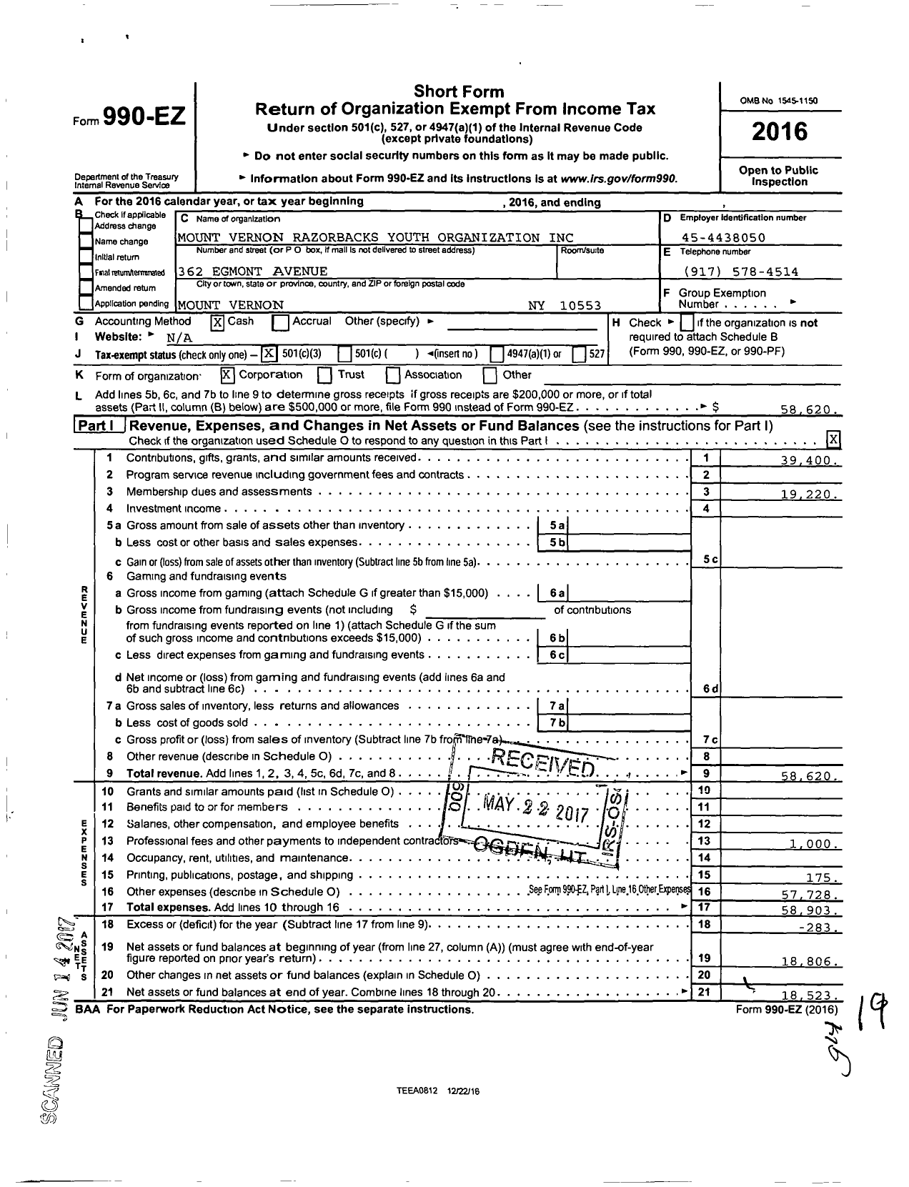 Image of first page of 2016 Form 990EZ for Mount Vernon Razorbacks Youth Organization