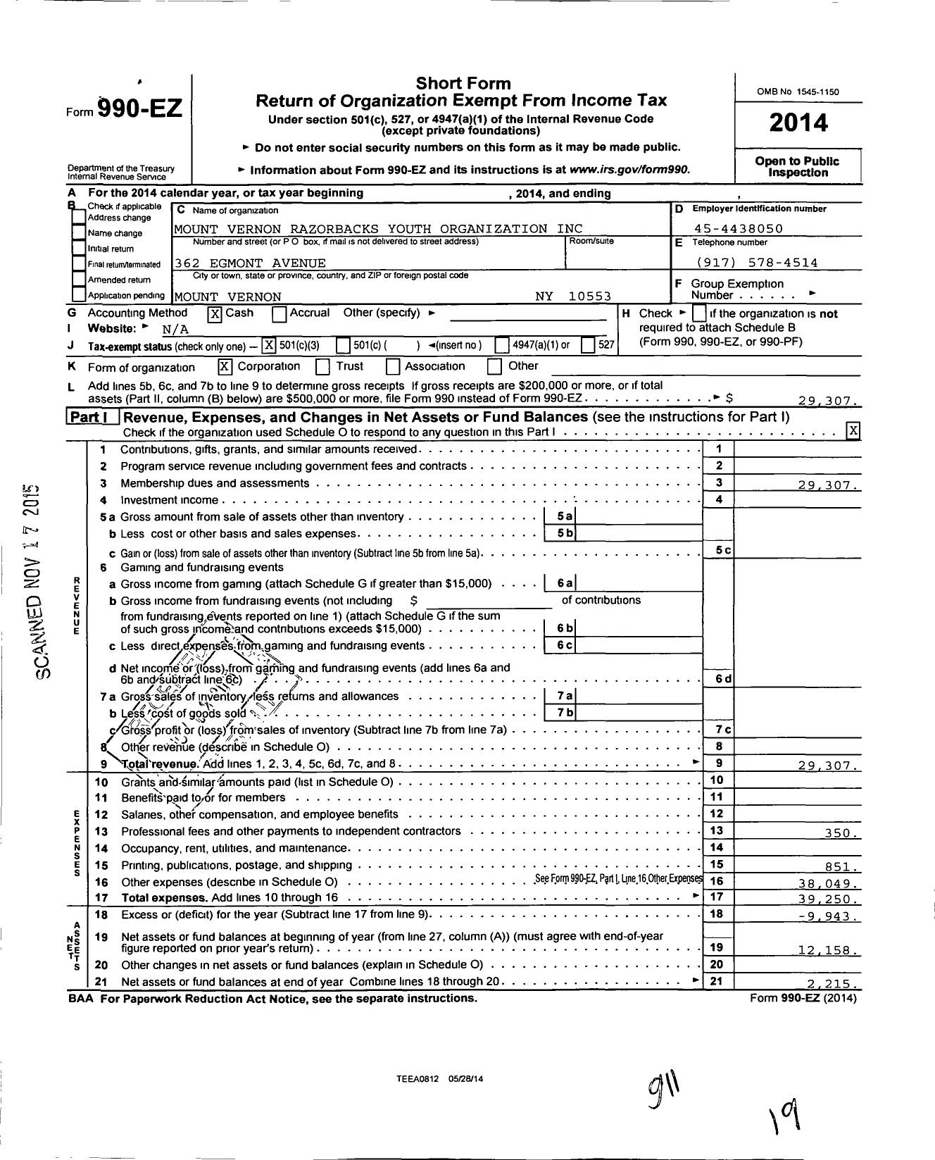 Image of first page of 2014 Form 990EZ for Mount Vernon Razorbacks Youth Organization