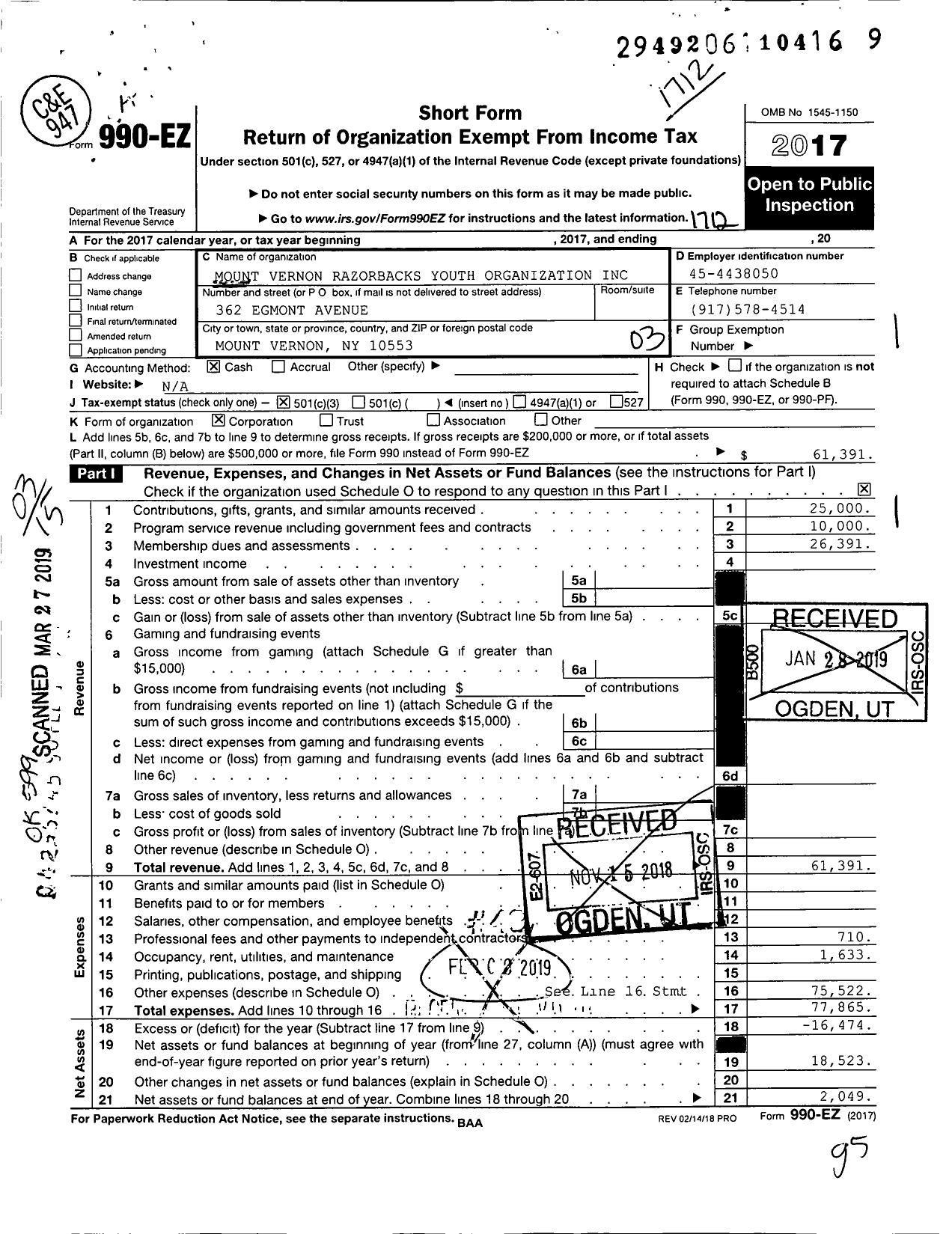 Image of first page of 2017 Form 990EZ for Mount Vernon Razorbacks Youth Organization