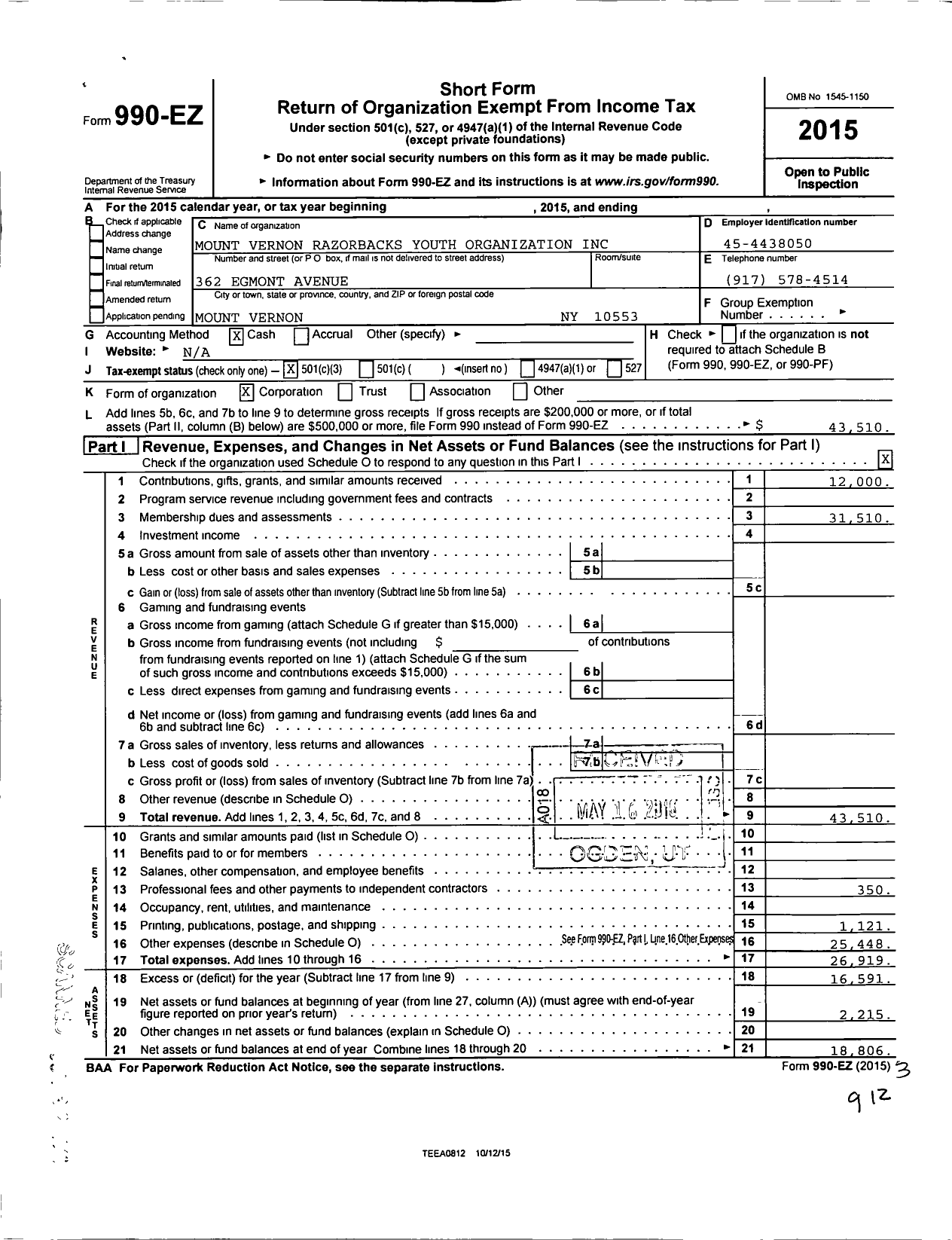 Image of first page of 2015 Form 990EZ for Mount Vernon Razorbacks Youth Organization