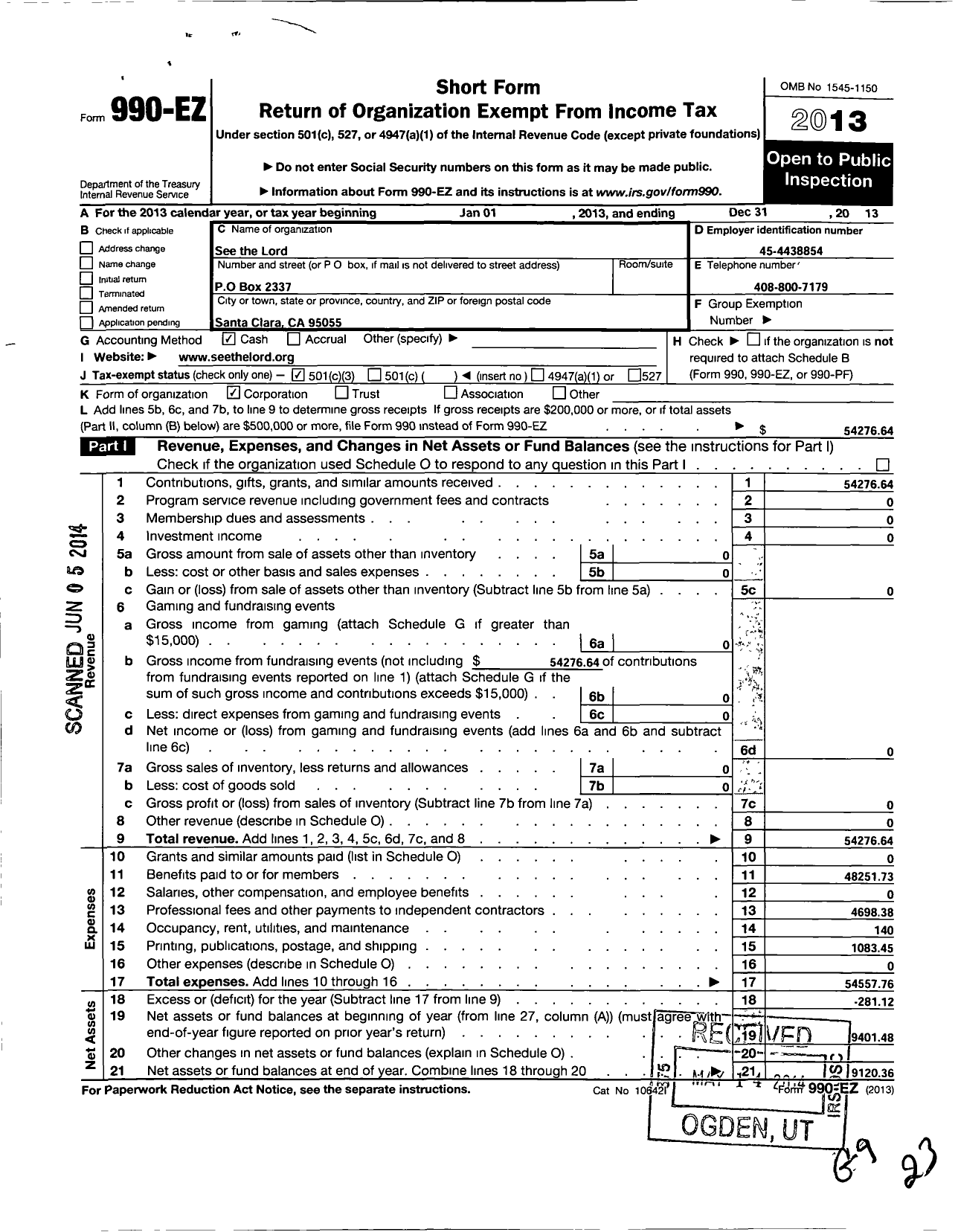 Image of first page of 2013 Form 990EZ for See the Lord