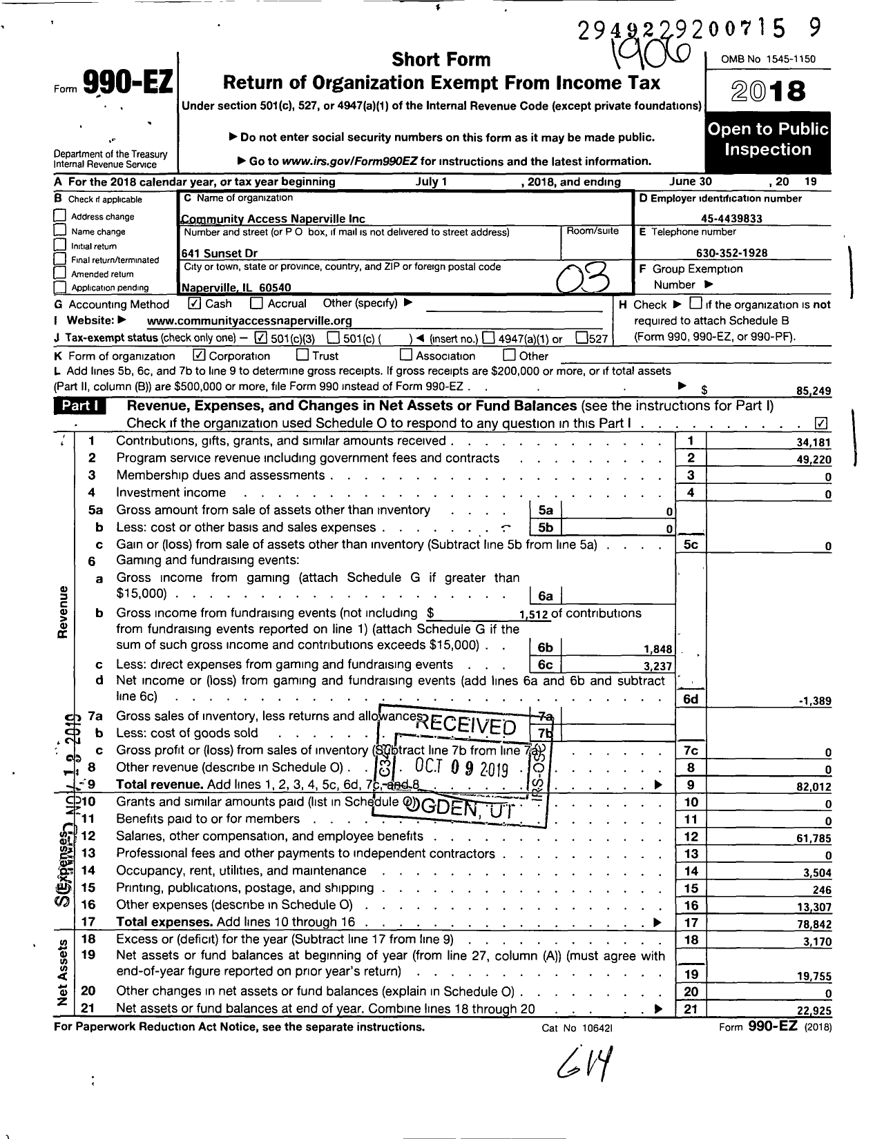 Image of first page of 2018 Form 990EZ for Community Access Naperville